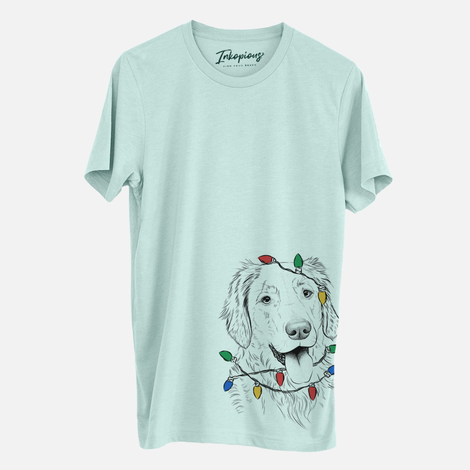 Hand-drawn sketch of Semba the Golden Retriever wrapped in Christmas lights on a Heather Sage Unisex crewneck