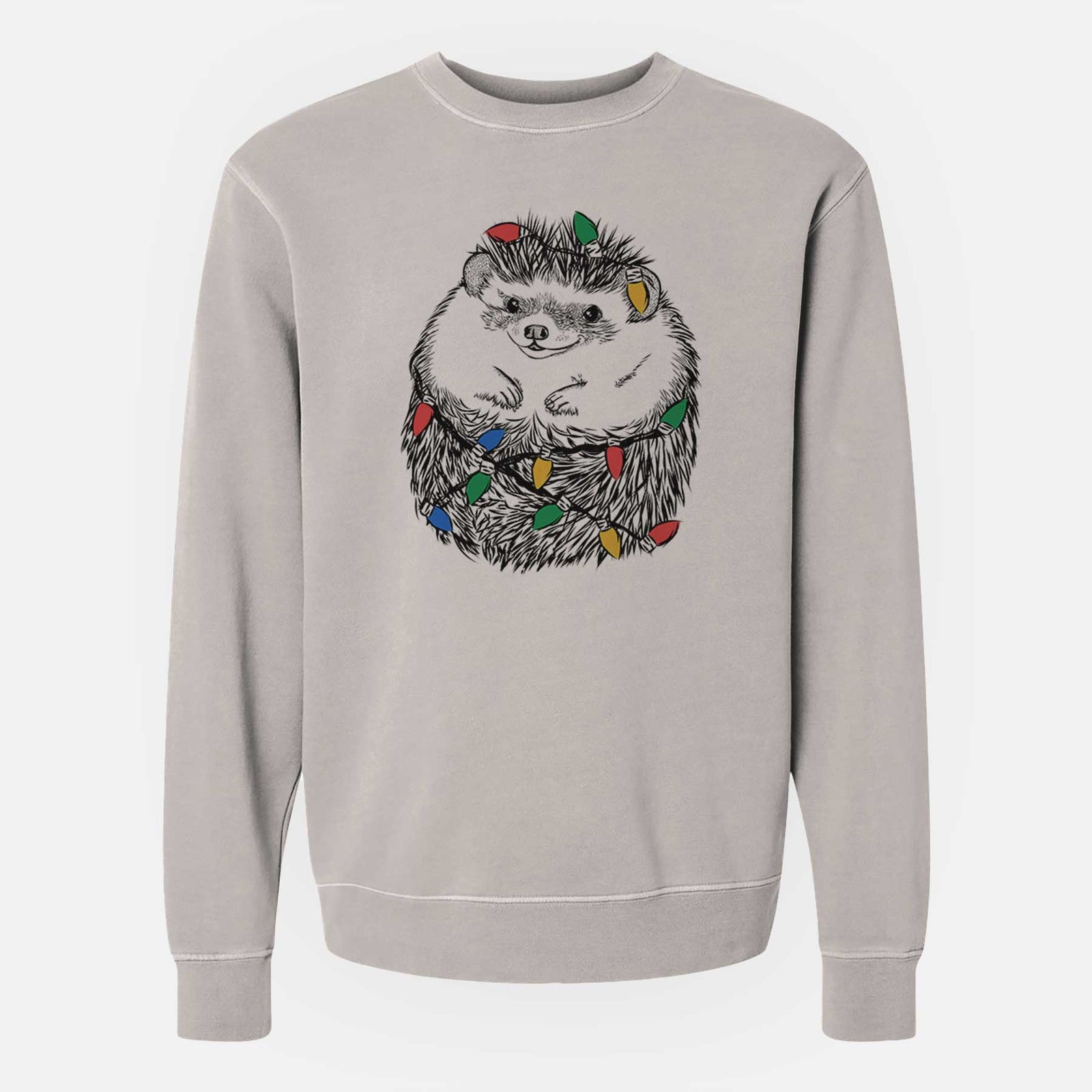Hand-drawn sketch of Sid the Hedgehog wrapped in Christmas lights on a Cement Unisex pigment dyed crew sweatshirt