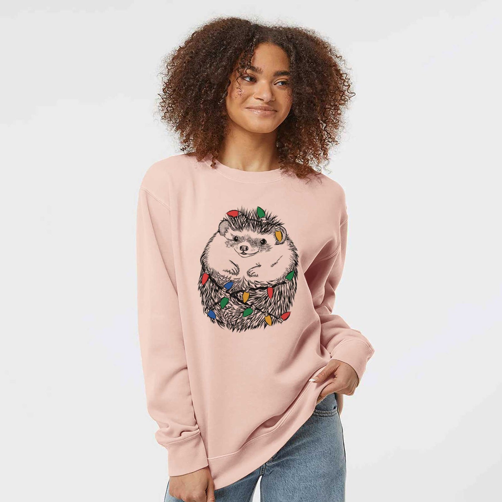 Hand-drawn sketch of Sid the Hedgehog wrapped in Christmas lights on a Dusty Pink Unisex pigment dyed crew sweatshirt