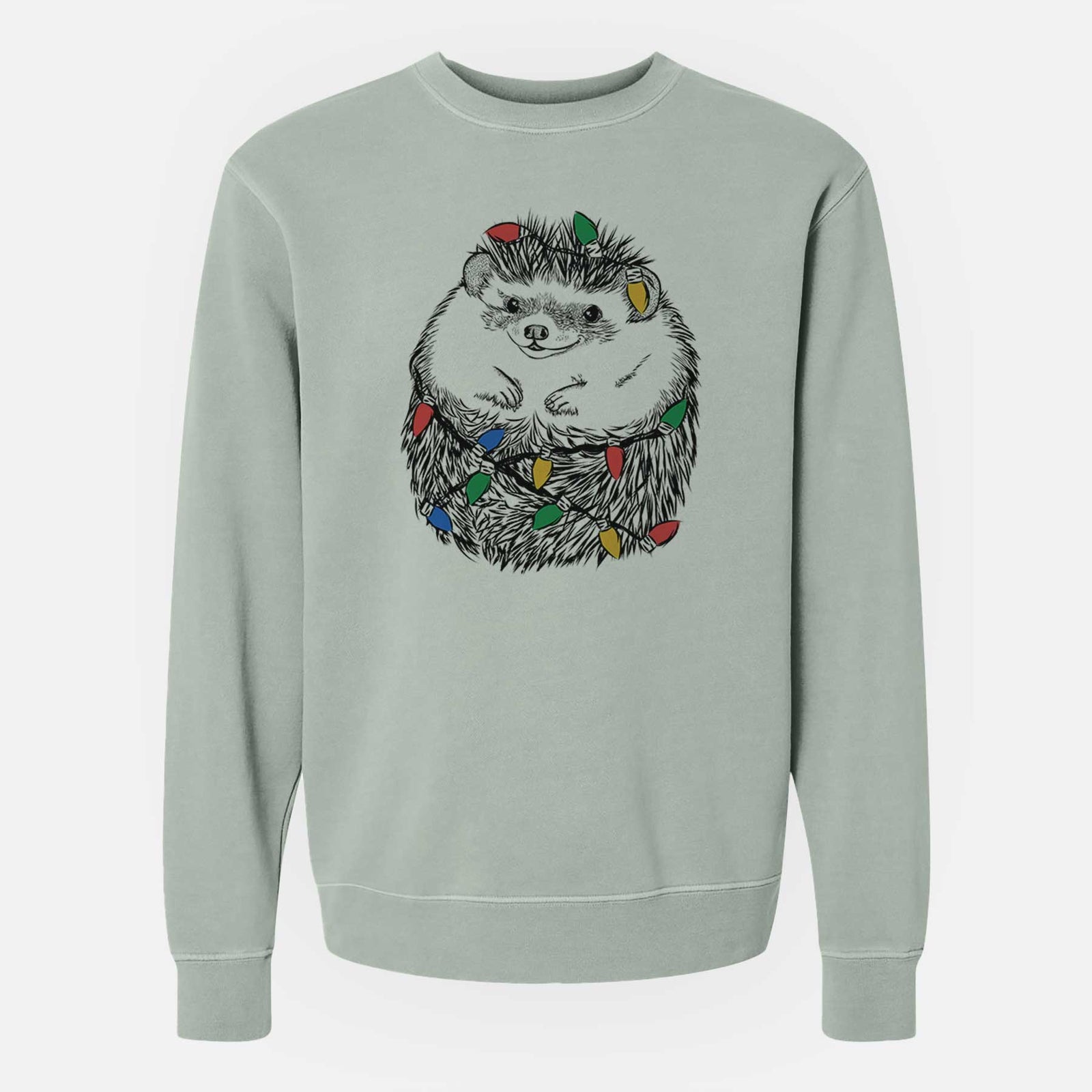 Hand-drawn sketch of Sid the Hedgehog wrapped in Christmas lights on a Sage Unisex pigment dyed crew sweatshirt
