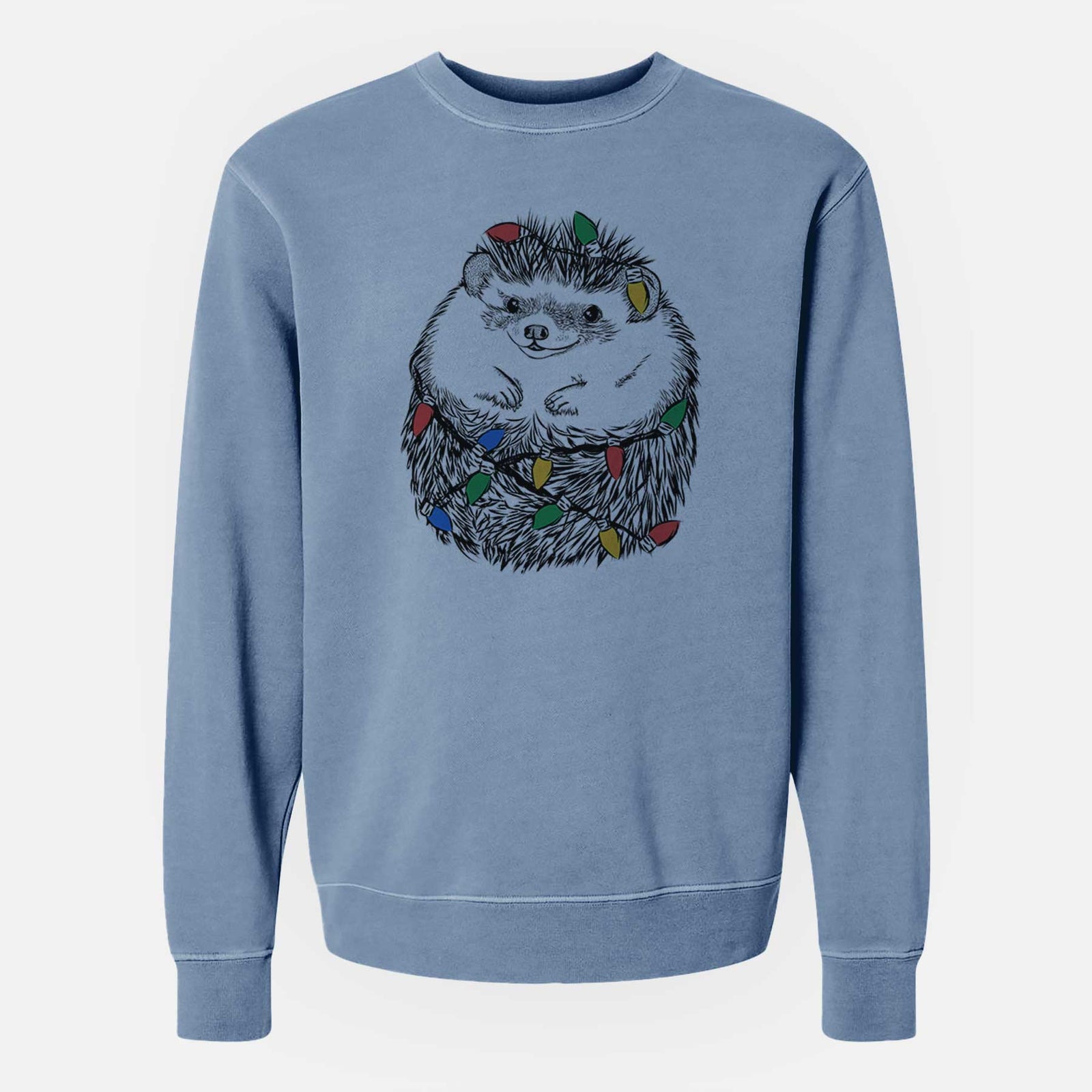 Hand-drawn sketch of Sid the Hedgehog wrapped in Christmas lights on a Slate Blue Unisex pigment dyed crew sweatshirt
