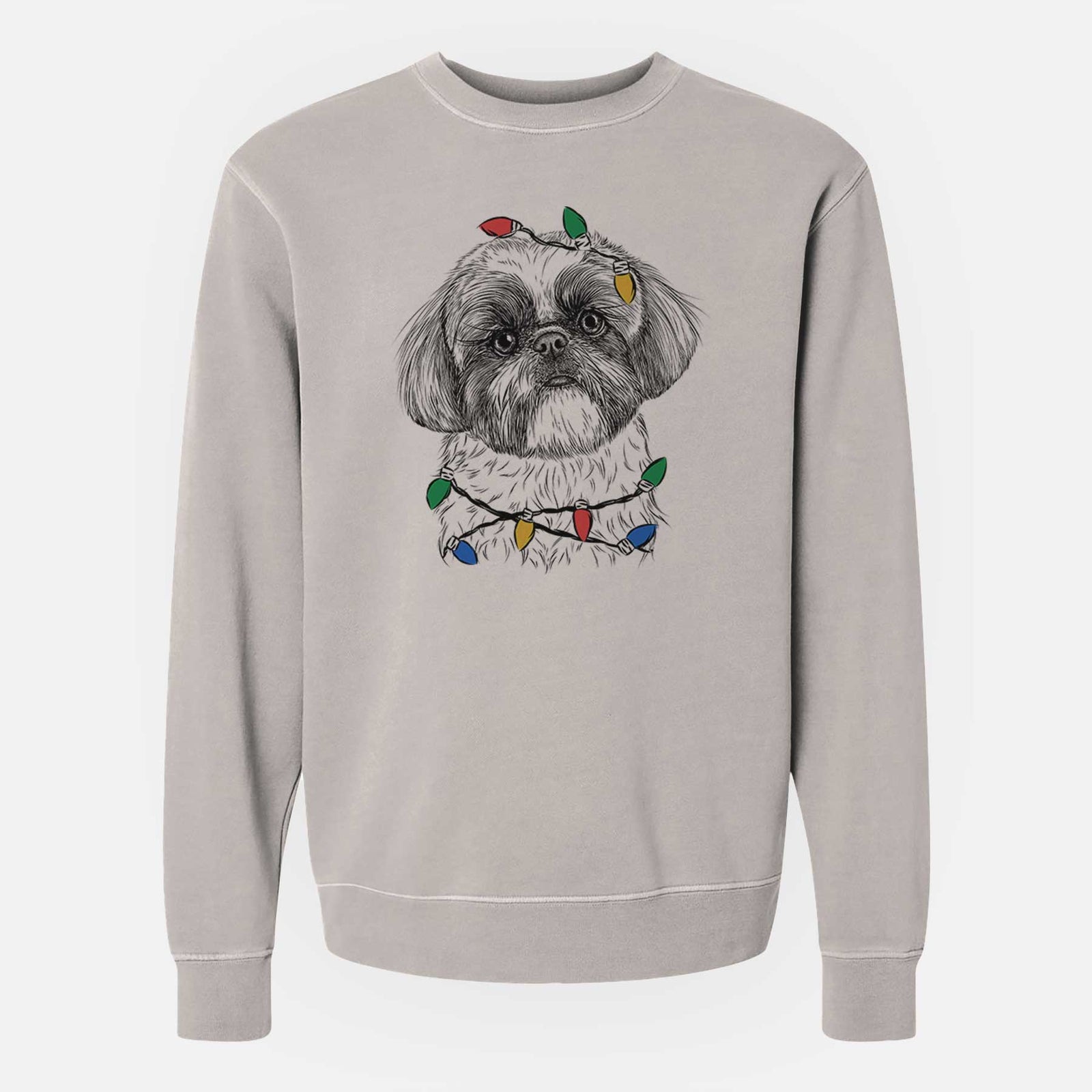 Hand-drawn sketch of Simon the Shih Tzu wrapped in Christmas lights on a Cement Unisex pigment dyed crew sweatshirt