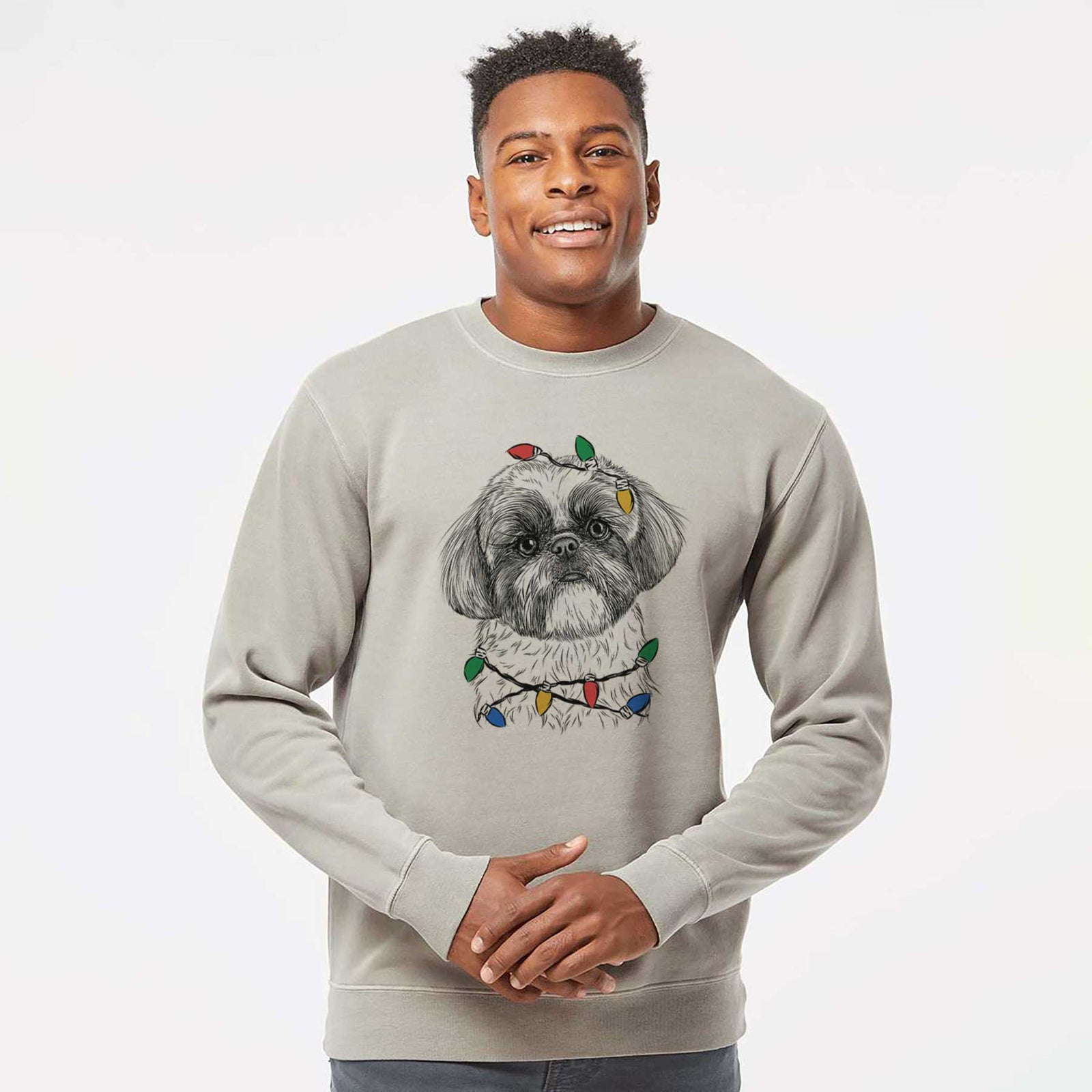 Hand-drawn sketch of Simon the Shih Tzu wrapped in Christmas lights on a Cement Unisex pigment dyed crew sweatshirt