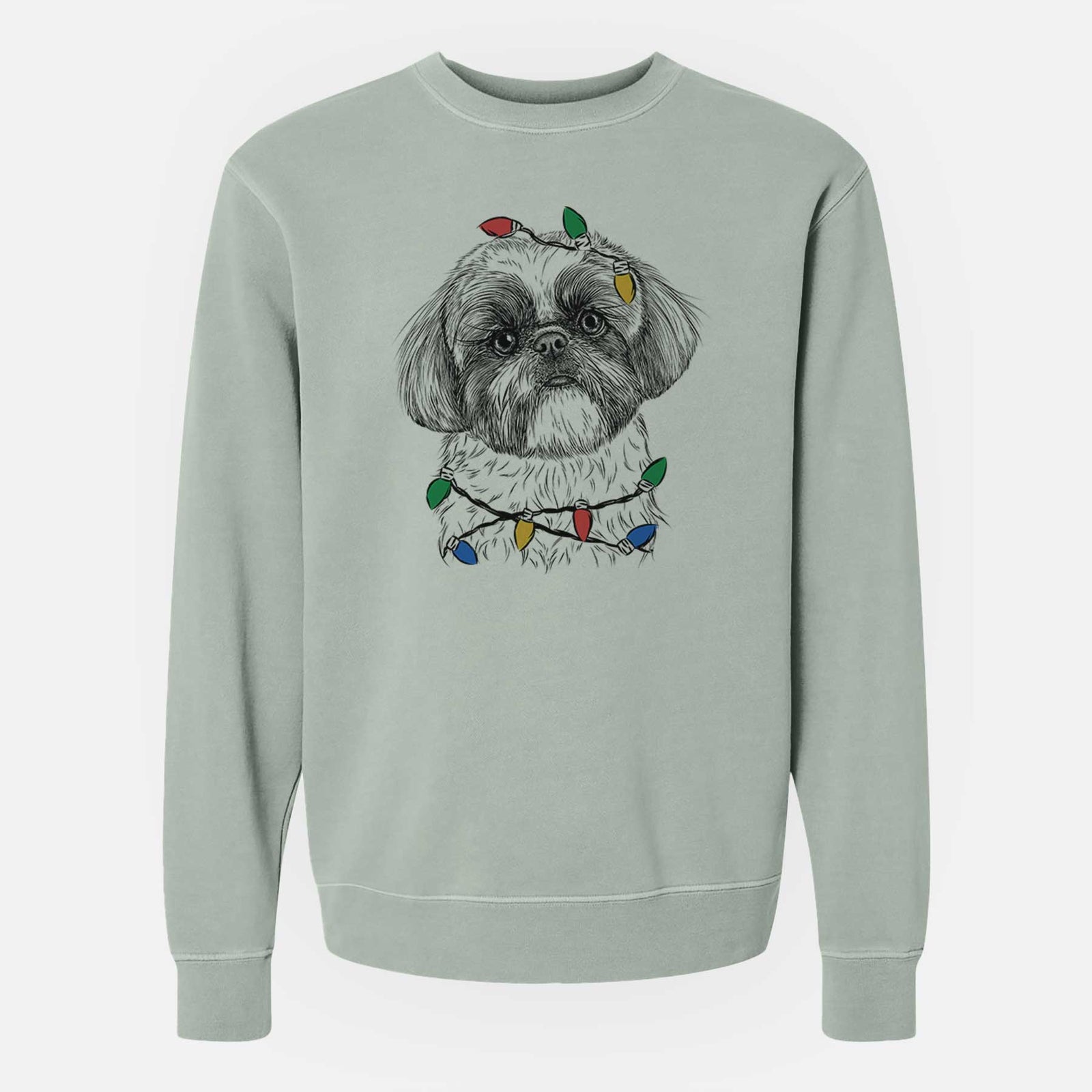 Hand-drawn sketch of Simon the Shih Tzu wrapped in Christmas lights on a Sage Unisex pigment dyed crew sweatshirt