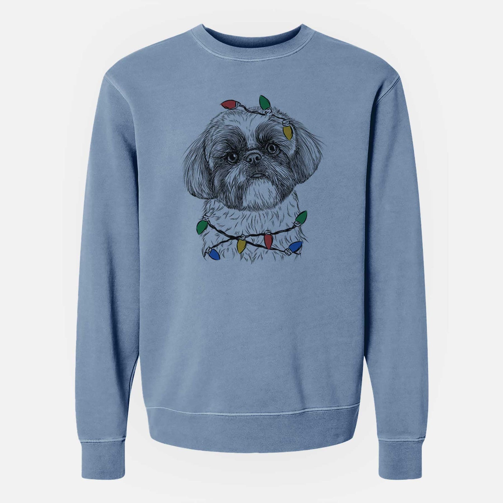 Hand-drawn sketch of Simon the Shih Tzu wrapped in Christmas lights on a Slate Blue Unisex pigment dyed crew sweatshirt