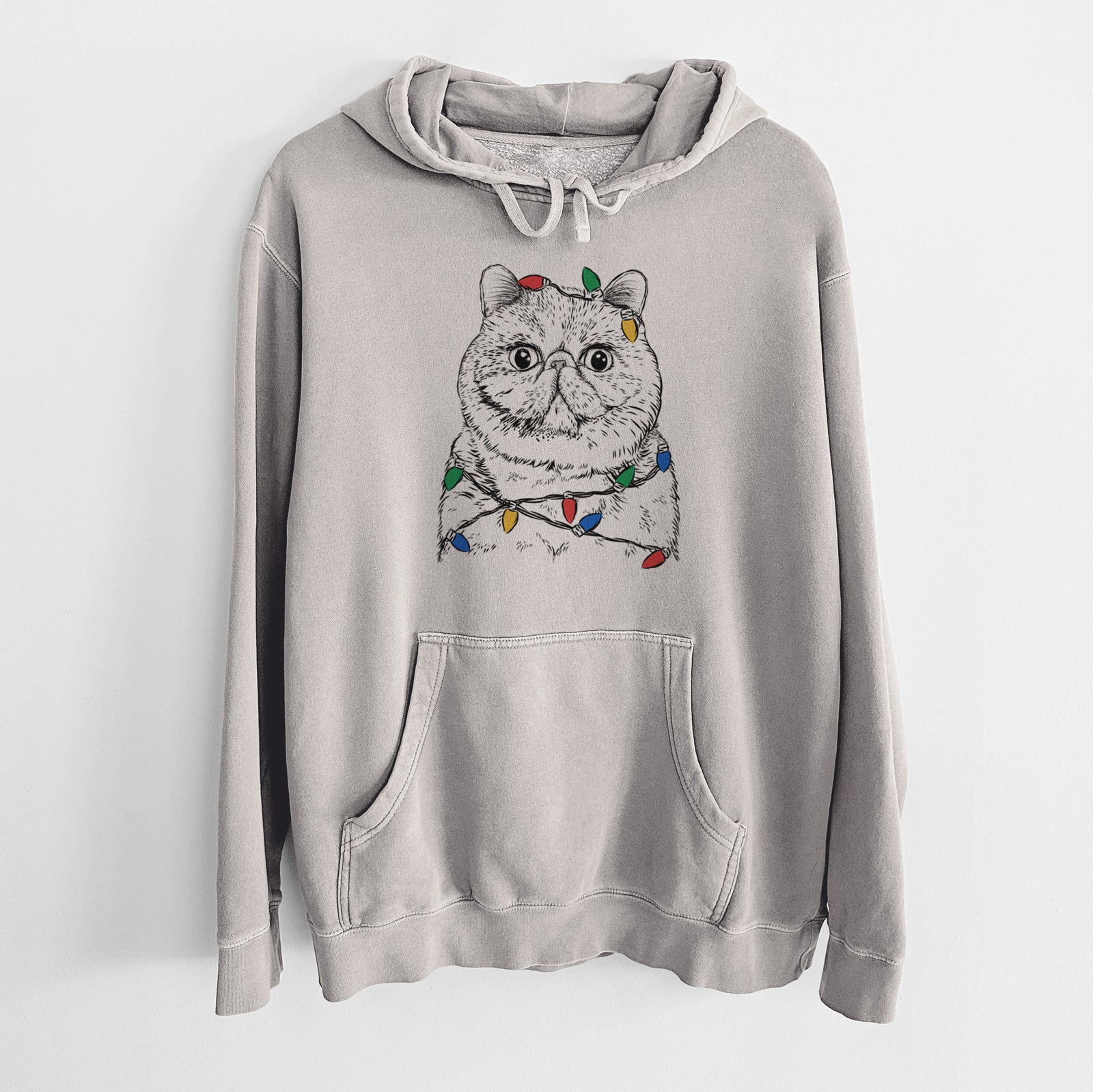Hand-drawn sketch of Squish the Exotic Shorthair Cat wrapped in Christmas lights on a Cement Unisex pigment dyed hoodie
