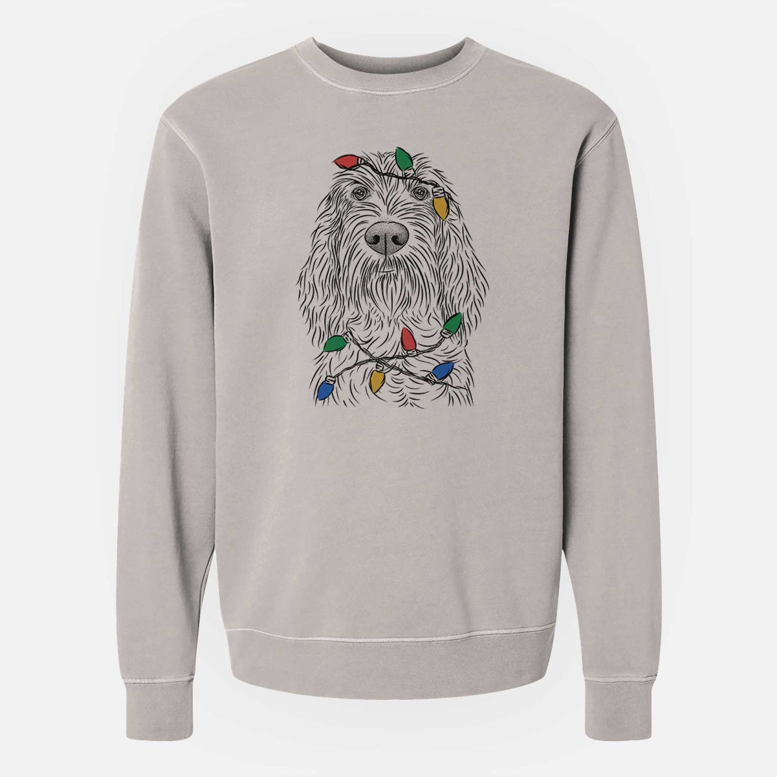 Hand-drawn sketch of Stefano the Spinone Italiano wrapped in Christmas lights on a Cement Unisex pigment dyed crew sweatshirt