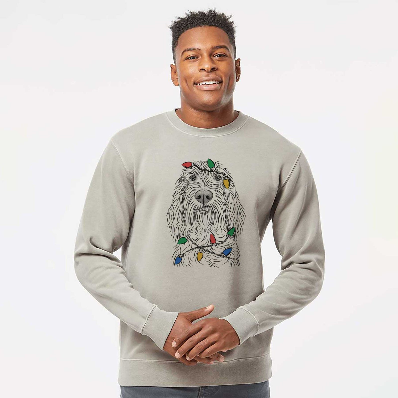 Hand-drawn sketch of Stefano the Spinone Italiano wrapped in Christmas lights on a Cement Unisex pigment dyed crew sweatshirt
