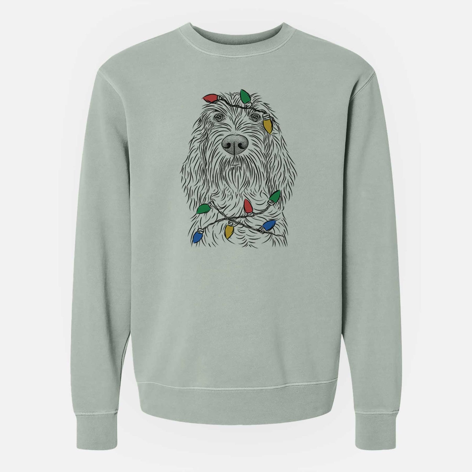 Hand-drawn sketch of Stefano the Spinone Italiano wrapped in Christmas lights on a Sage Unisex pigment dyed crew sweatshirt