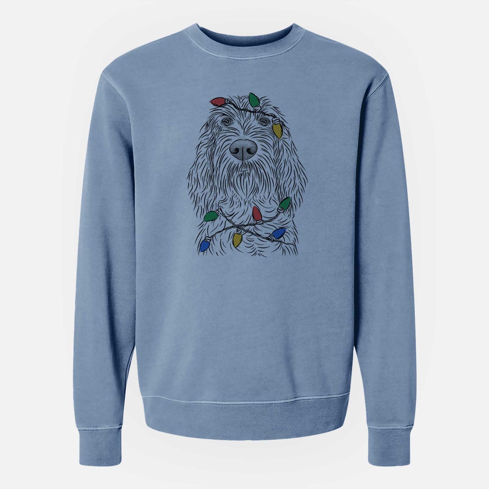 Hand-drawn sketch of Stefano the Spinone Italiano wrapped in Christmas lights on a Slate Blue Unisex pigment dyed crew sweatshirt