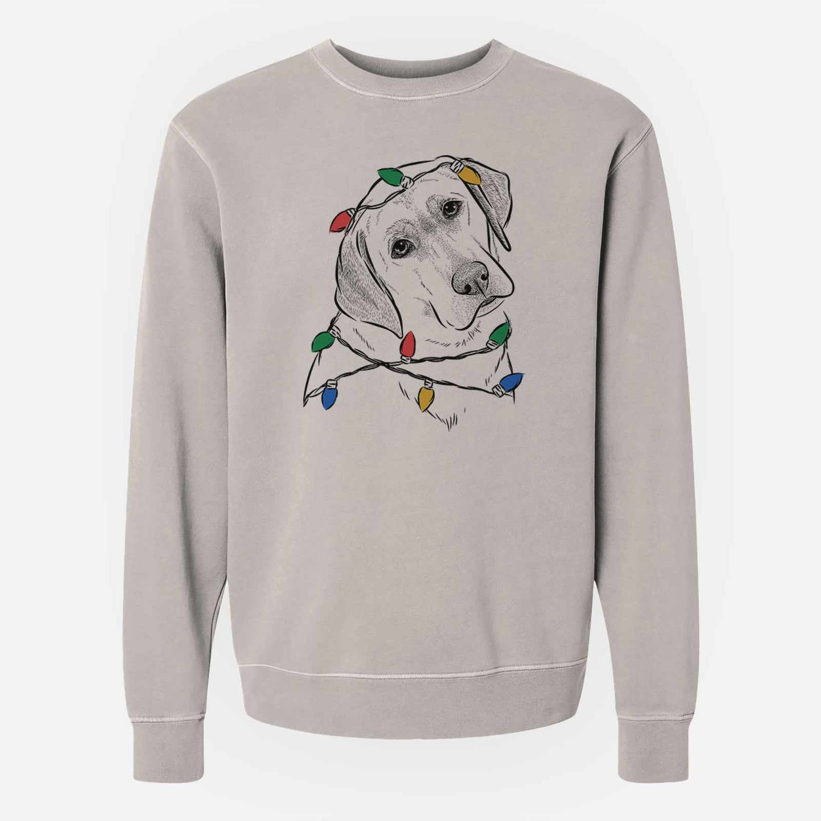Hand-drawn sketch of Stella the Yellow Lab wrapped in Christmas lights on a Cement Unisex pigment dyed crew sweatshirt