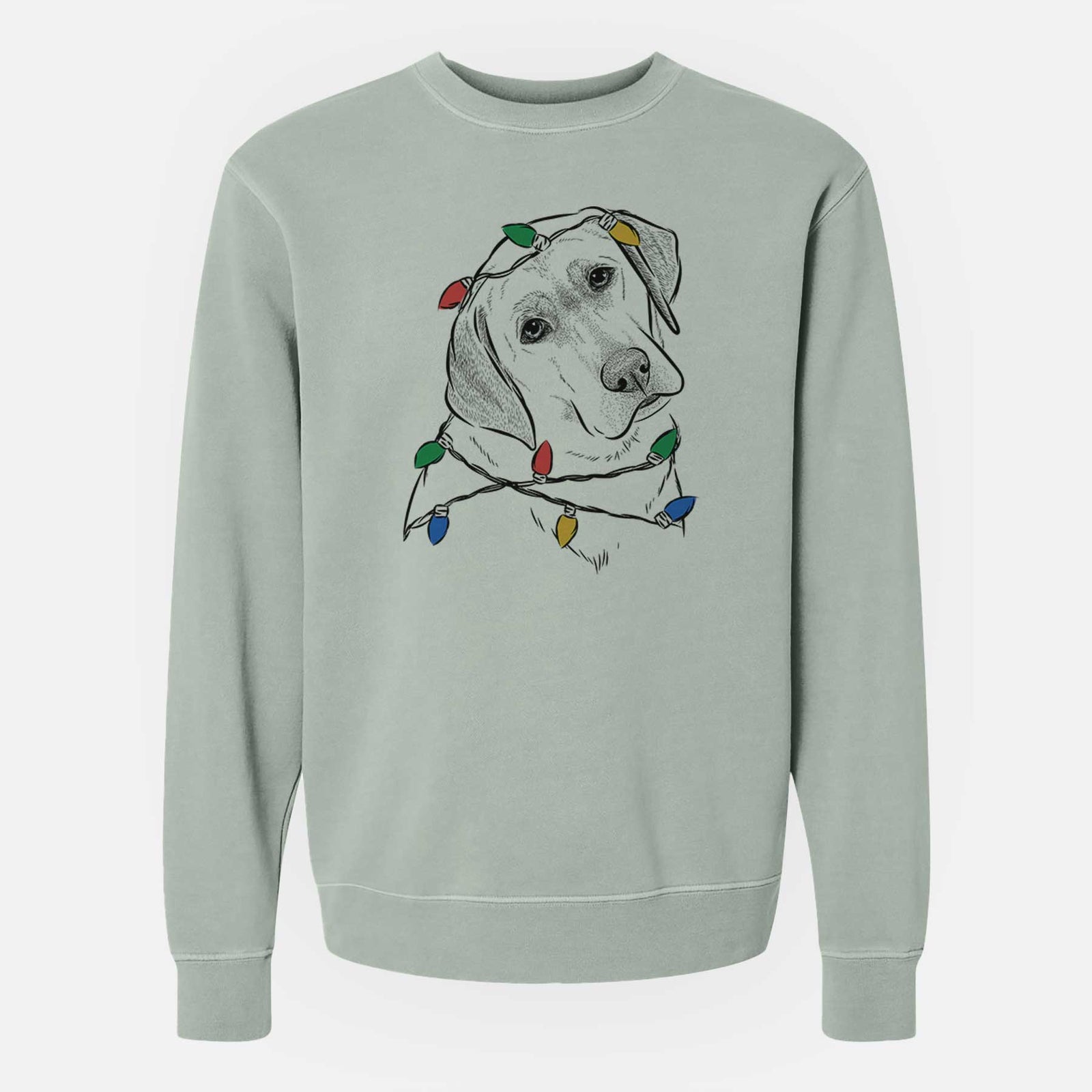 Hand-drawn sketch of Stella the Yellow Lab wrapped in Christmas lights on a Sage Unisex pigment dyed crew sweatshirt