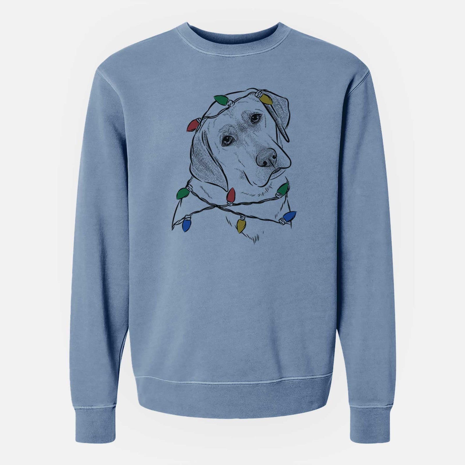 Hand-drawn sketch of Stella the Yellow Lab wrapped in Christmas lights on a Slate Blue Unisex pigment dyed crew sweatshirt
