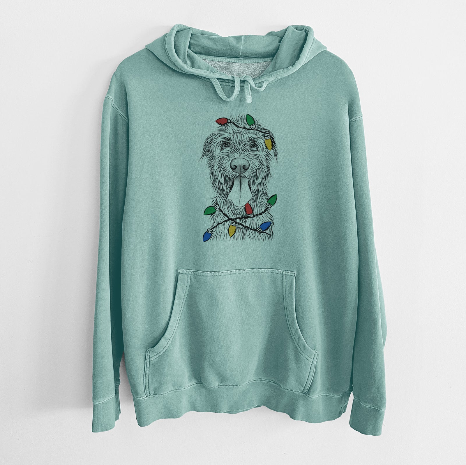 Hand-drawn sketch of Sullivan the Irish Wolfhound wrapped in Christmas lights on a Mint Unisex pigment dyed hoodie