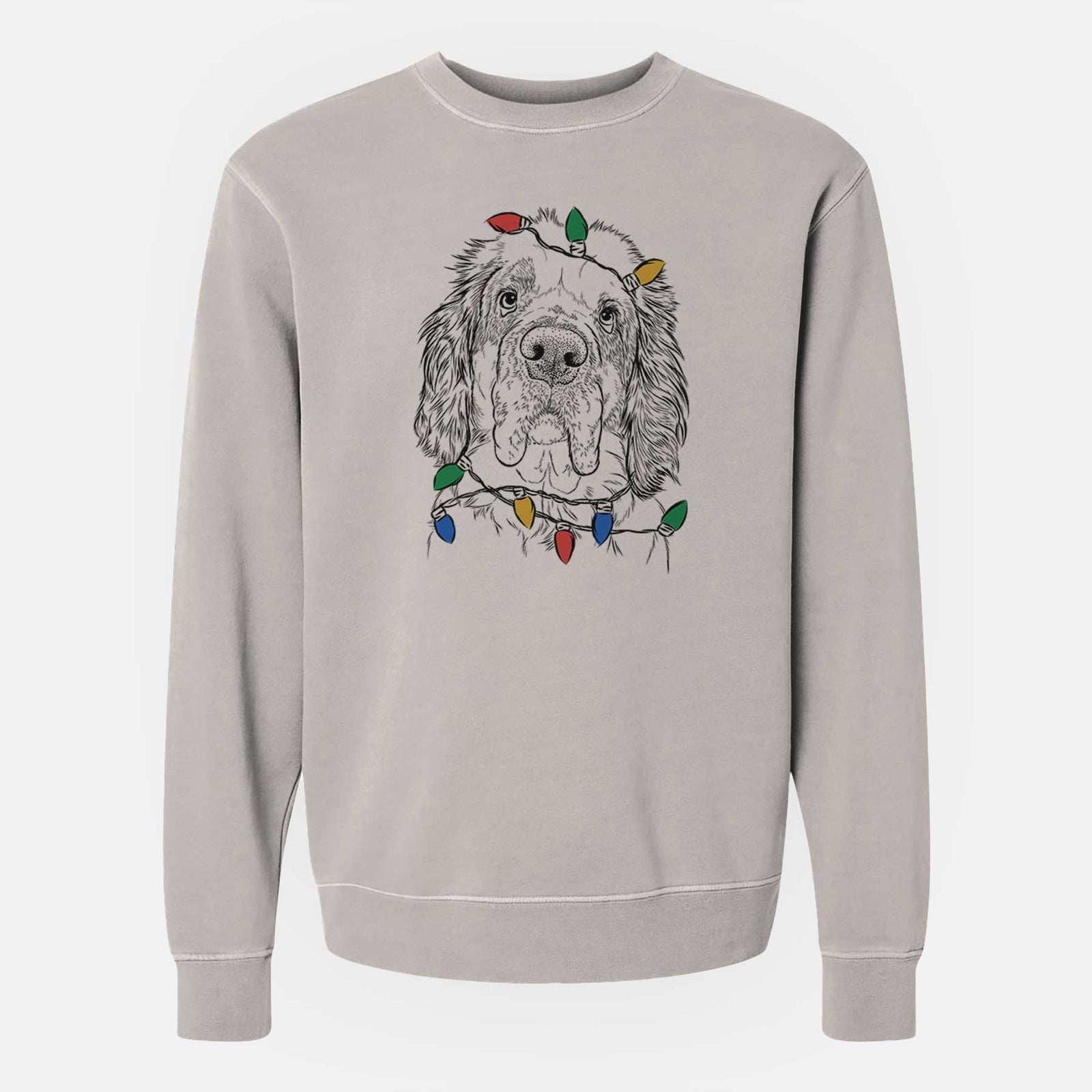 Hand-drawn sketch of Sully the Clumber Spaniel wrapped in Christmas lights on a Cement Unisex pigment dyed crew sweatshirt