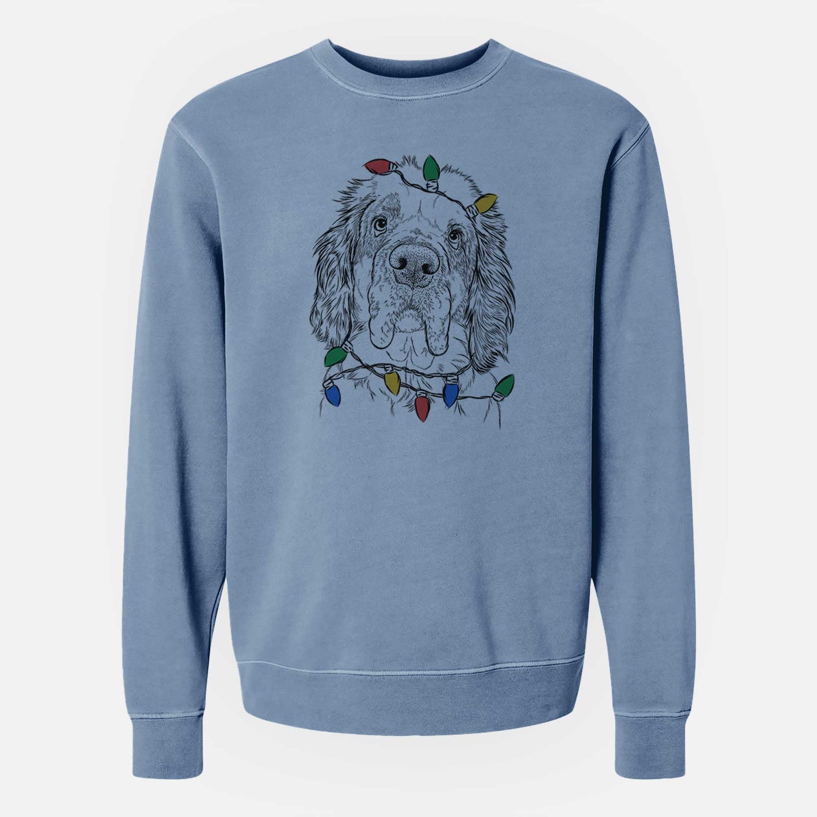 Hand-drawn sketch of Sully the Clumber Spaniel wrapped in Christmas lights on a Slate Blue Unisex pigment dyed crew sweatshirt