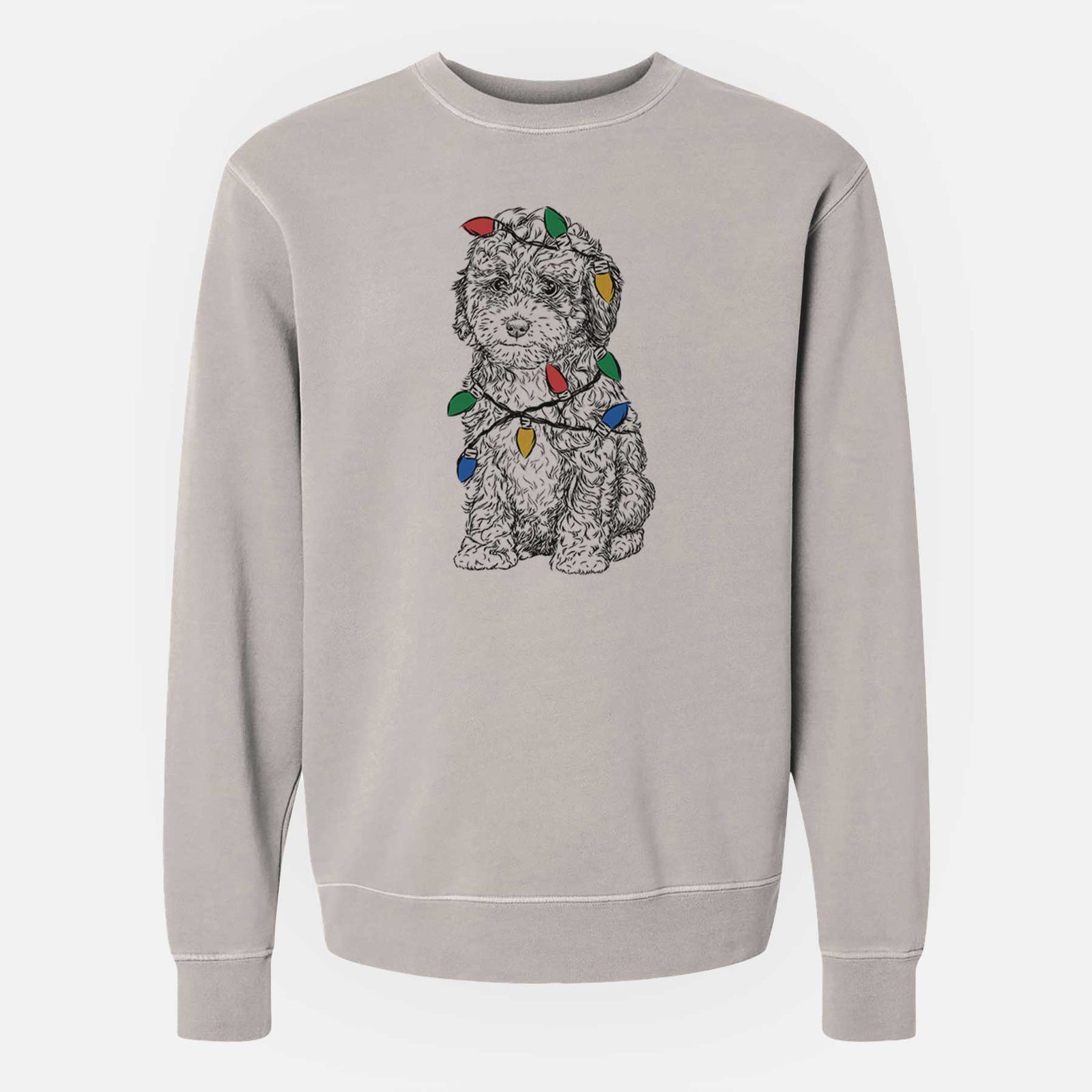 Hand-drawn sketch of Sweet Tea the Mini Doodle wrapped in Christmas lights on a Cement Unisex pigment dyed crew sweatshirt