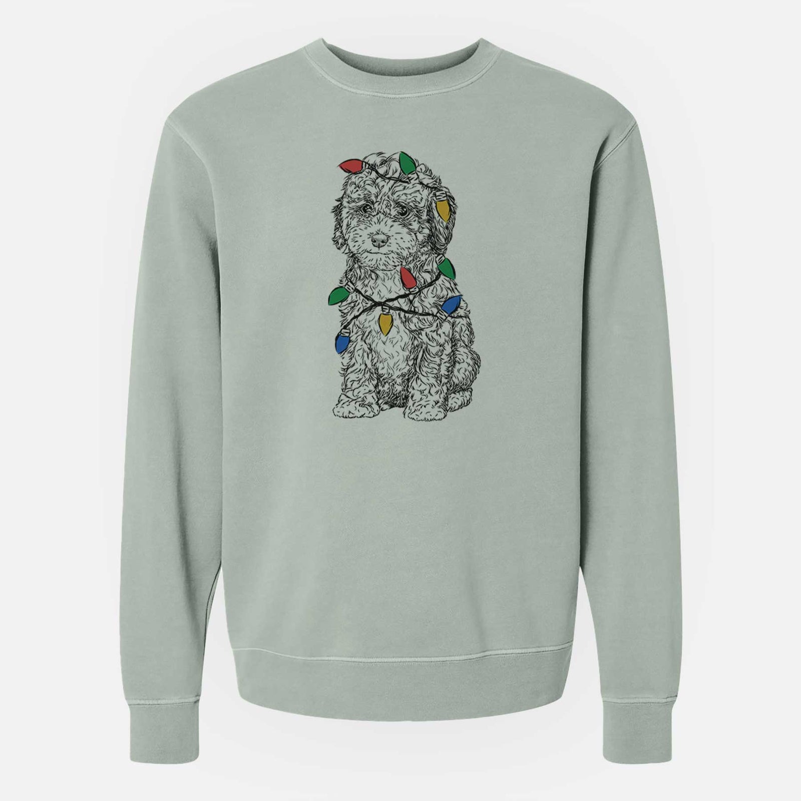 Hand-drawn sketch of Sweet Tea the Mini Doodle wrapped in Christmas lights on a Sage Unisex pigment dyed crew sweatshirt