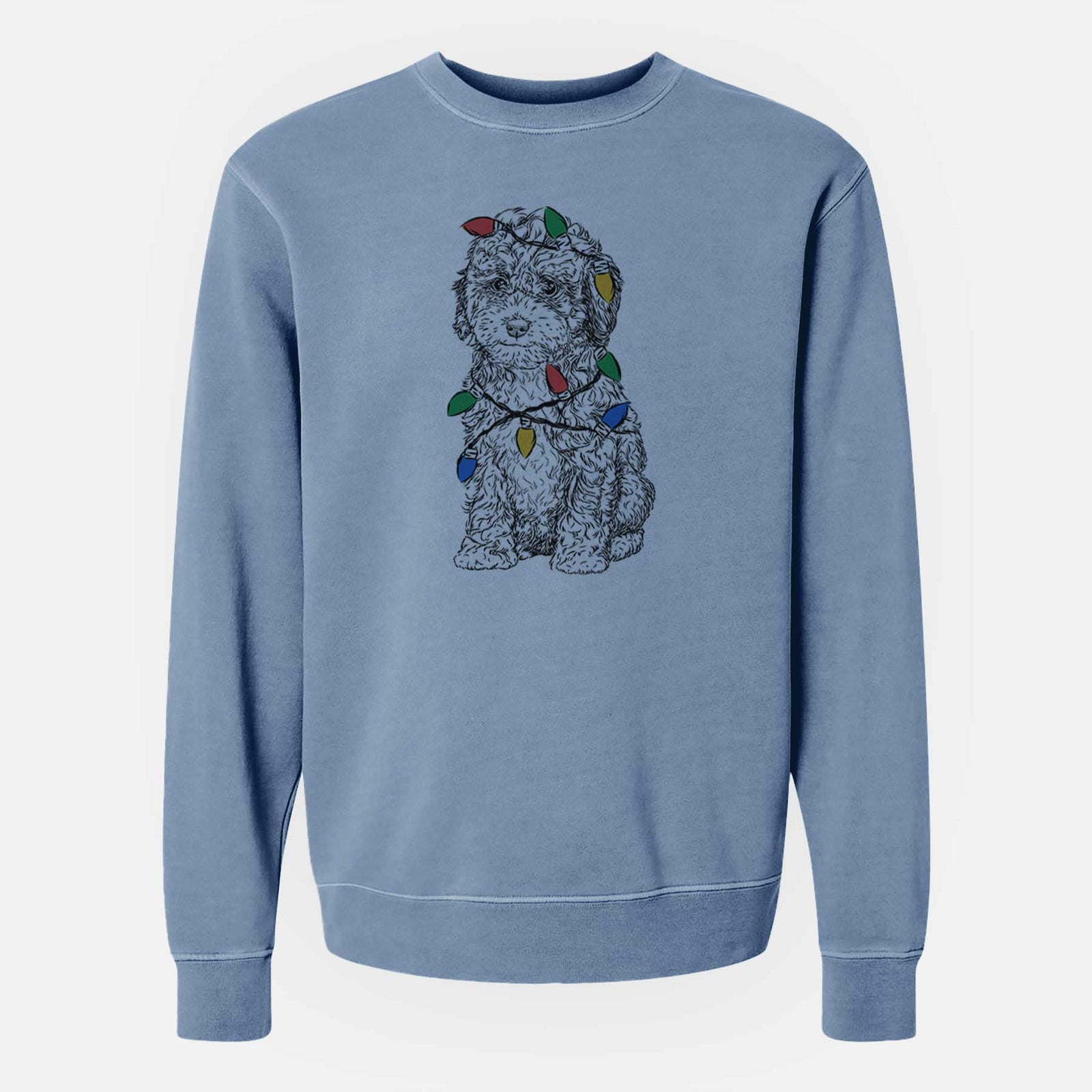 Hand-drawn sketch of Sweet Tea the Mini Doodle wrapped in Christmas lights on a Slate Blue Unisex pigment dyed crew sweatshirt