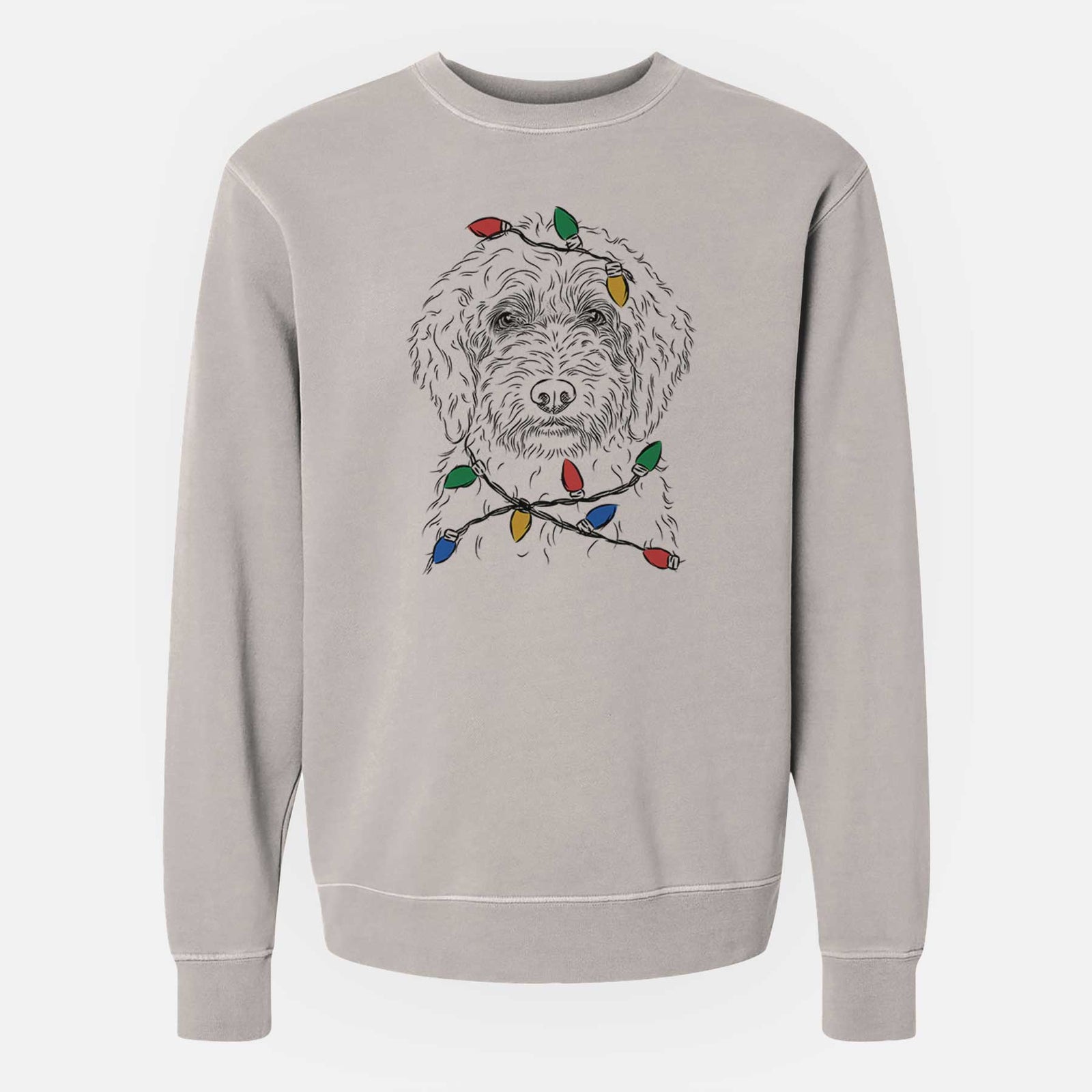 Hand-drawn sketch of Teddy the Labradoodle wrapped in Christmas lights on a Cement Unisex pigment dyed crew sweatshirt