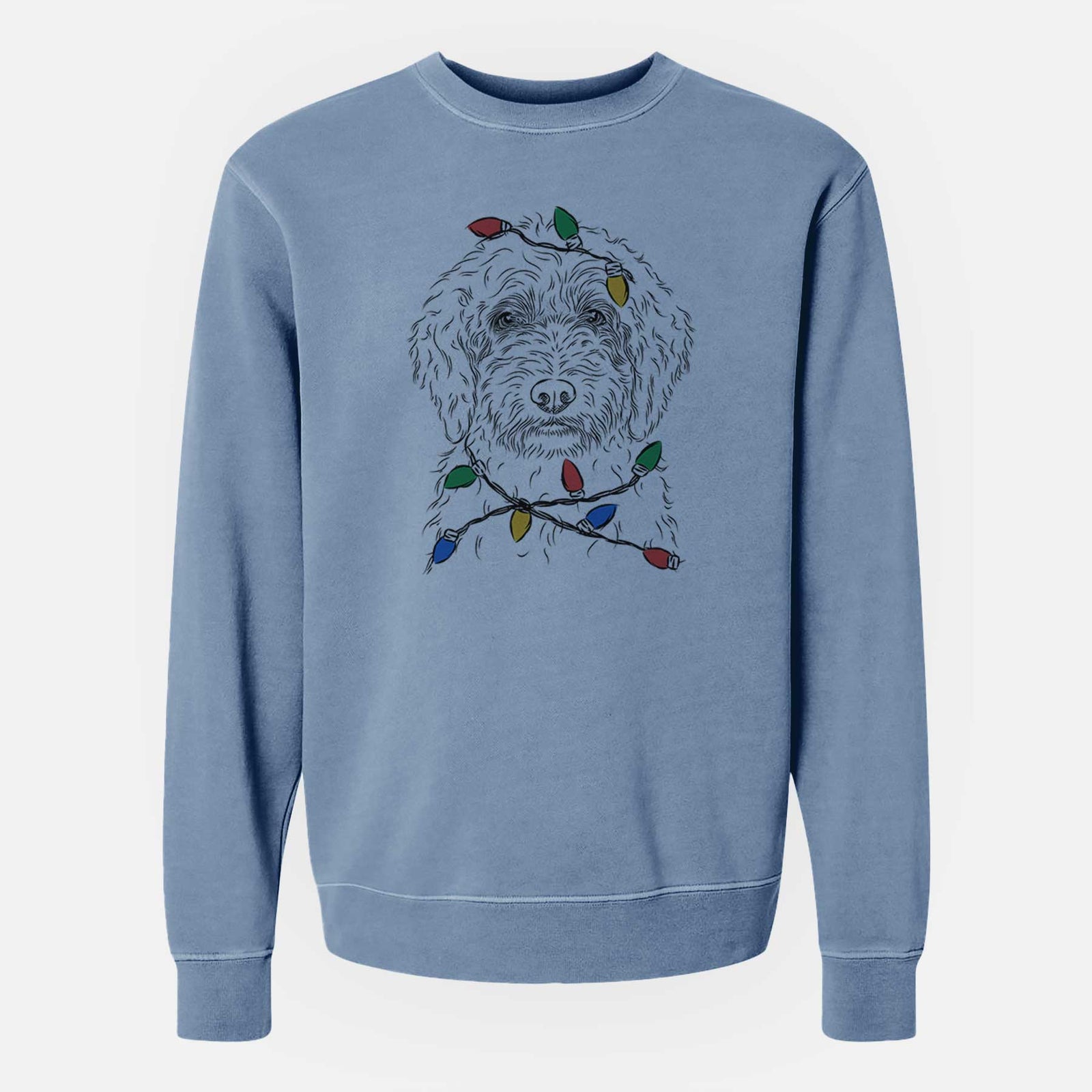 Hand-drawn sketch of Teddy the Labradoodle wrapped in Christmas lights on a Slate Blue Unisex pigment dyed crew sweatshirt