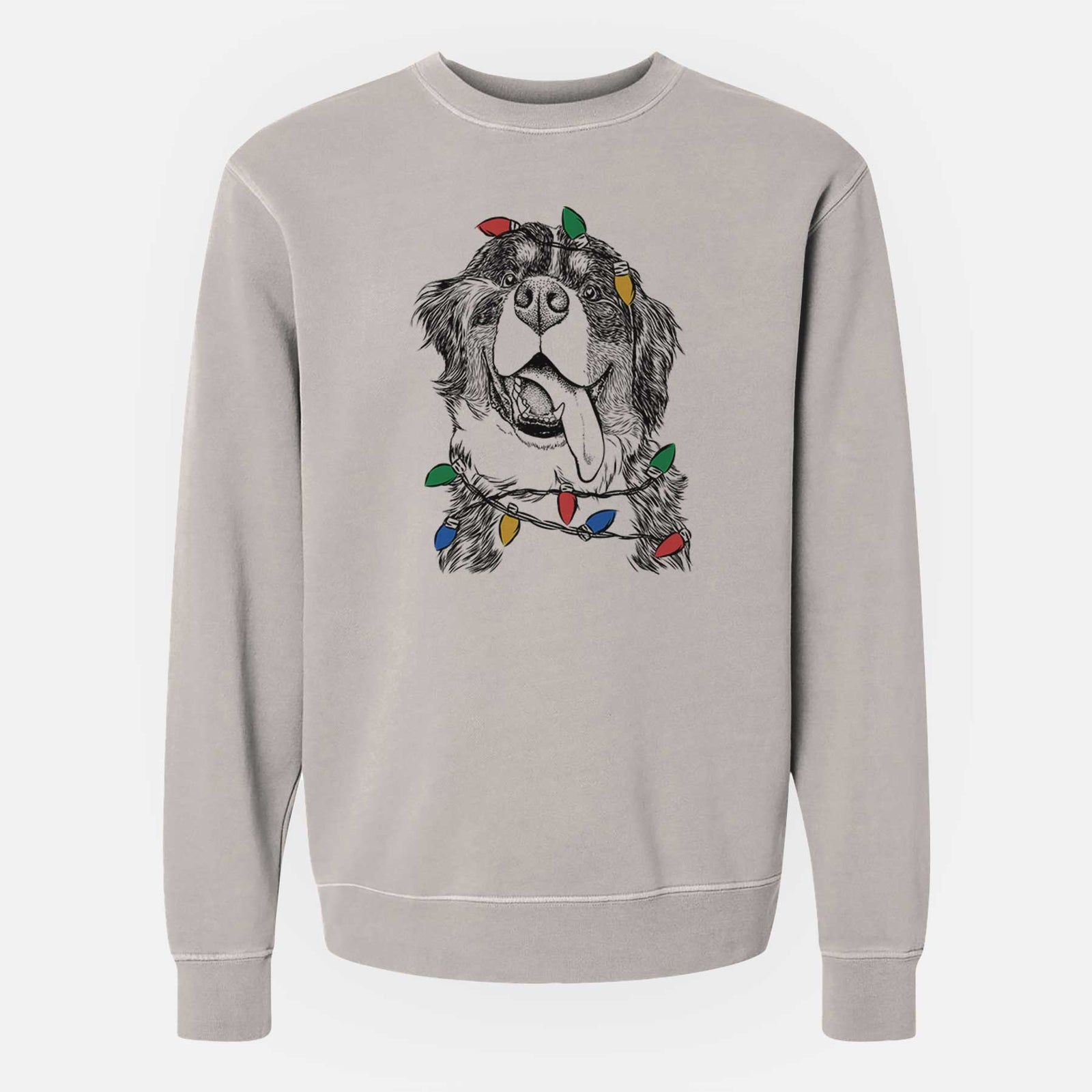 Hand-drawn sketch of Theo the Bernese Mountain Dog wrapped in Christmas lights on a Cement Unisex pigment dyed crew sweatshirt