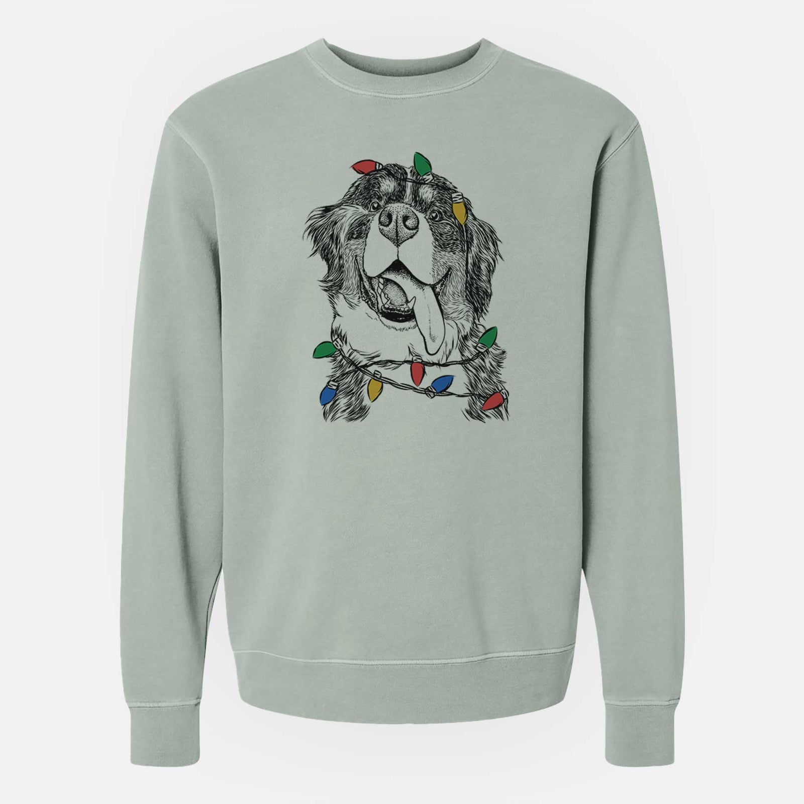 Hand-drawn sketch of Theo the Bernese Mountain Dog wrapped in Christmas lights on a Sage Unisex pigment dyed crew sweatshirt