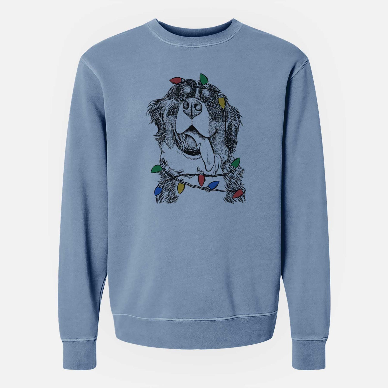 Hand-drawn sketch of Theo the Bernese Mountain Dog wrapped in Christmas lights on a Slate Blue Unisex pigment dyed crew sweatshirt