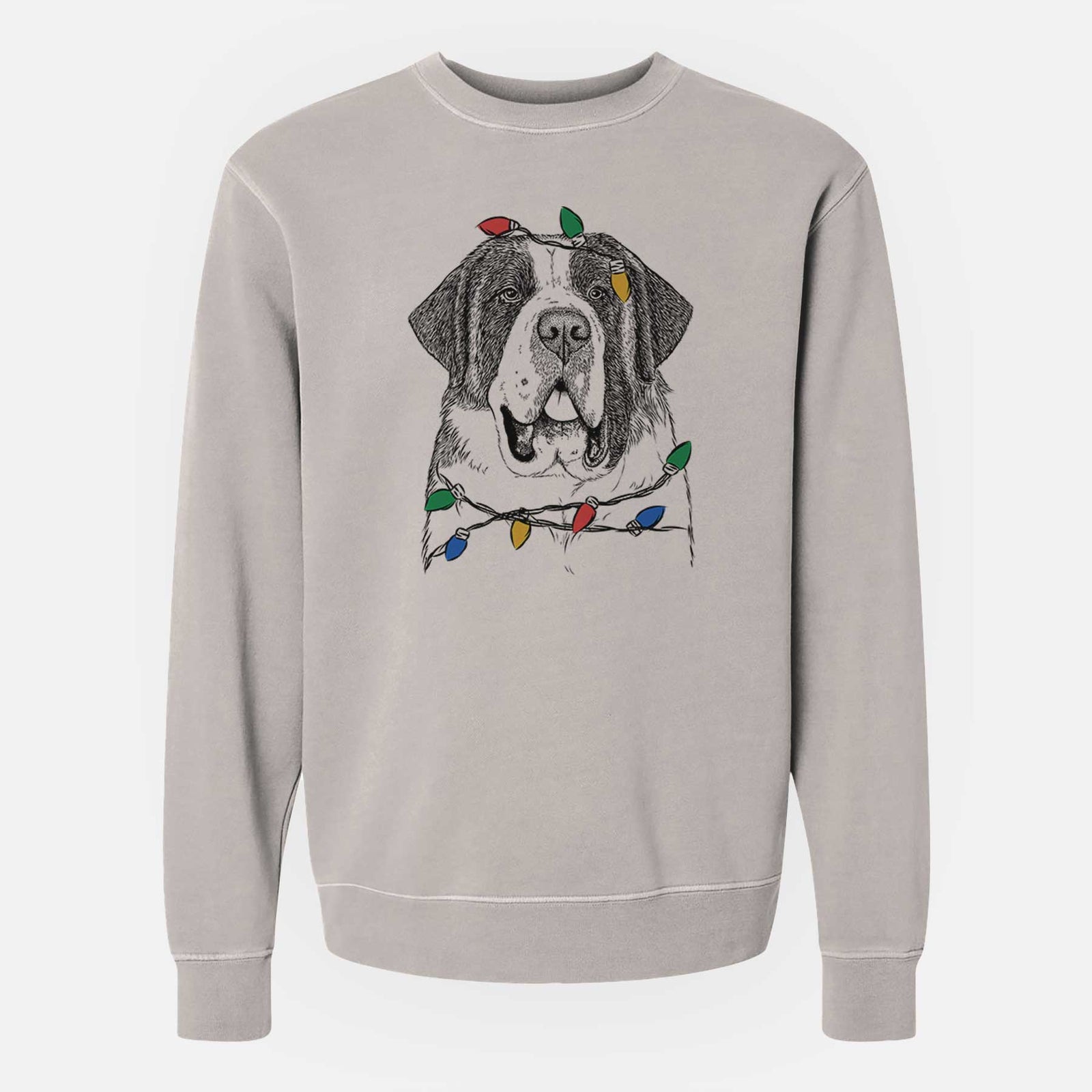 Hand-drawn sketch of Thor the Saint Bernard wrapped in Christmas lights on a Cement Unisex pigment dyed crew sweatshirt