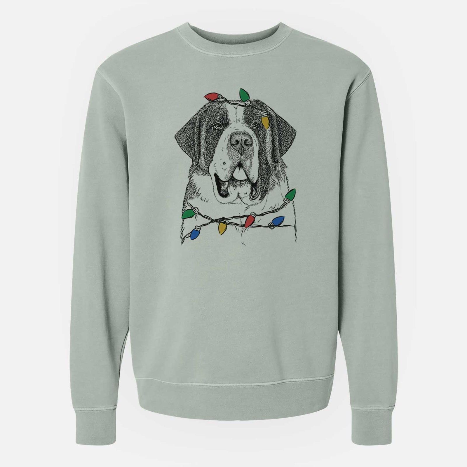 Hand-drawn sketch of Thor the Saint Bernard wrapped in Christmas lights on a Sage Unisex pigment dyed crew sweatshirt