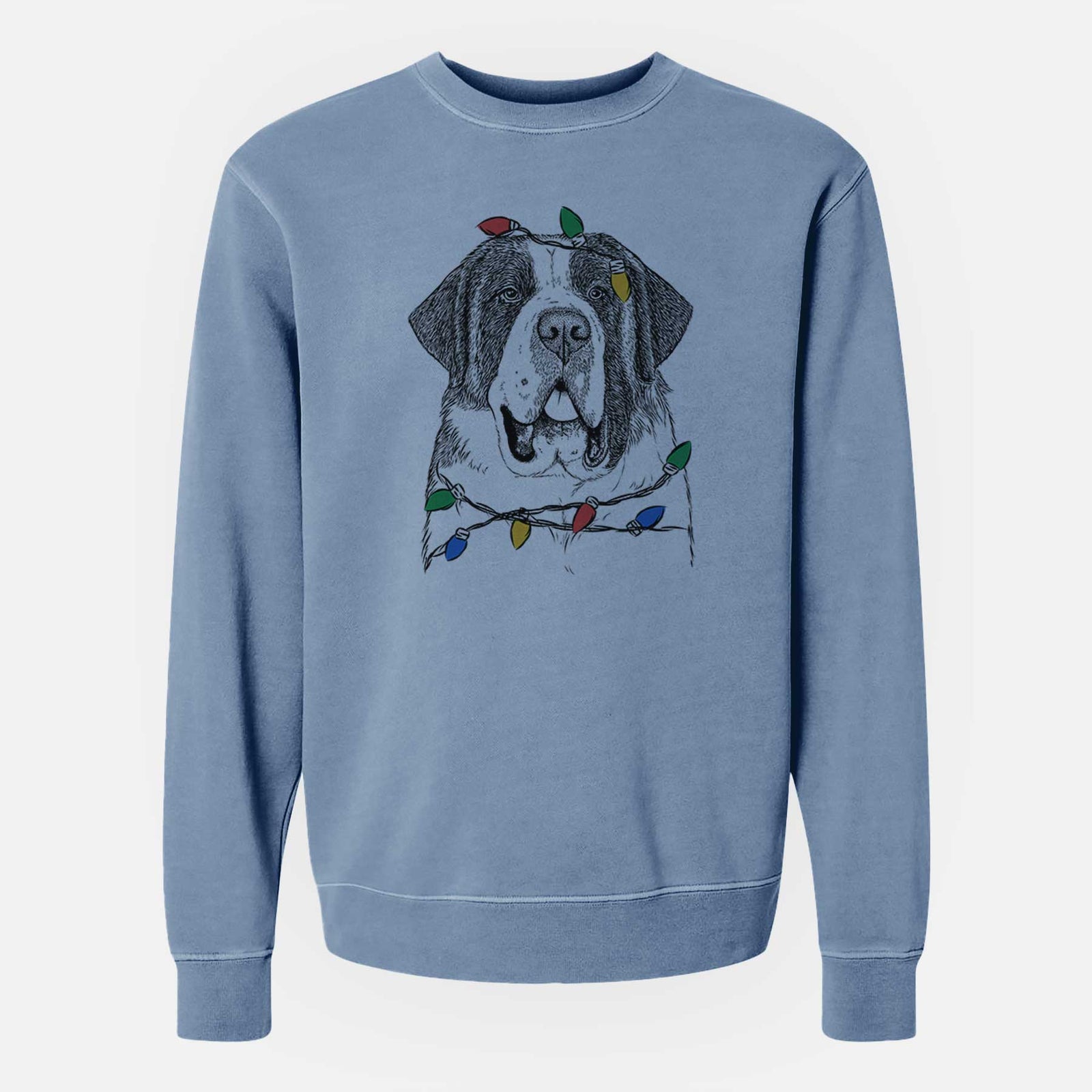 Hand-drawn sketch of Thor the Saint Bernard wrapped in Christmas lights on a Slate Blue Unisex pigment dyed crew sweatshirt