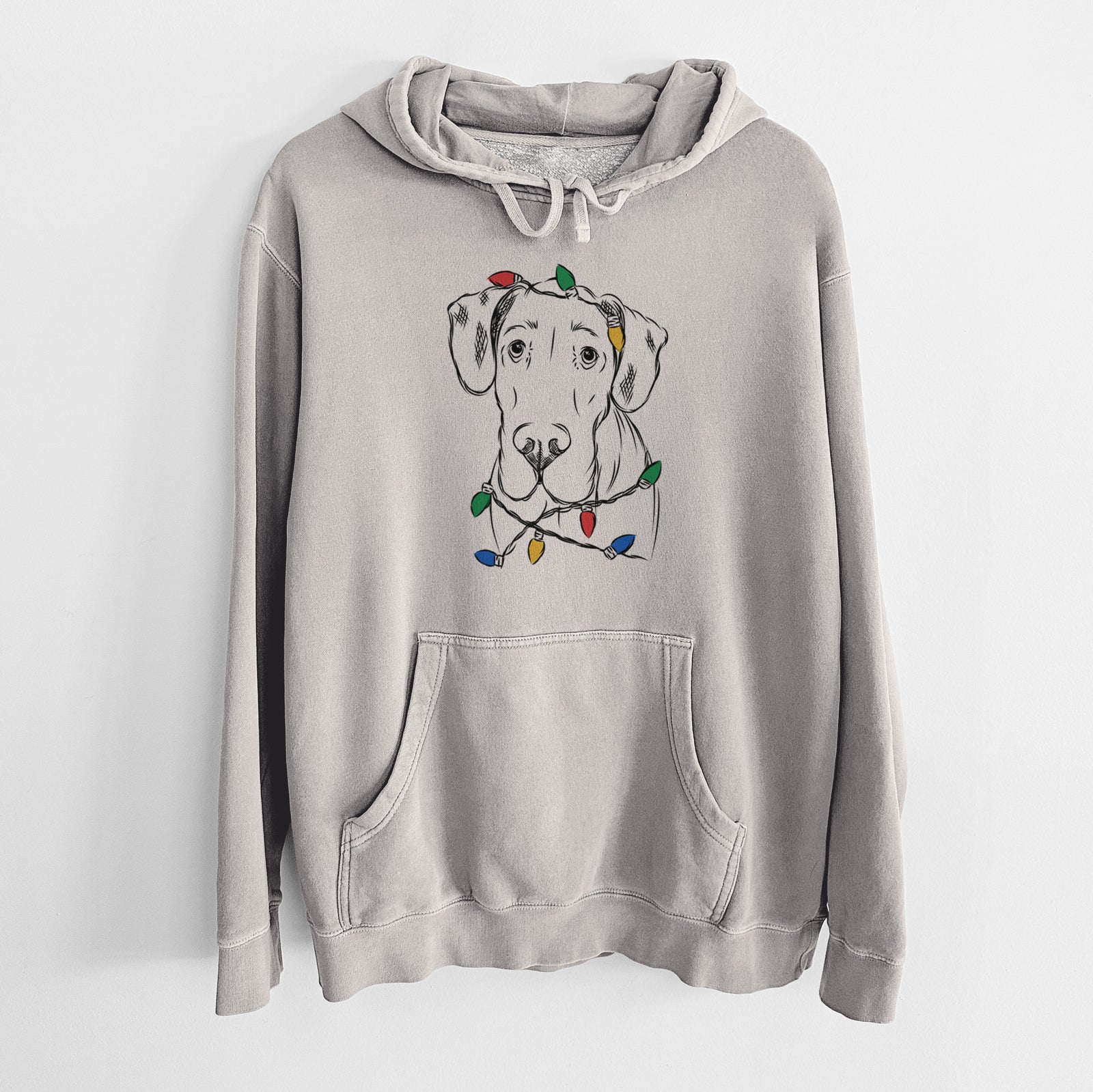 Hand-drawn sketch of Titus the Great Dane wrapped in Christmas lights on a Cement Unisex pigment dyed hoodie