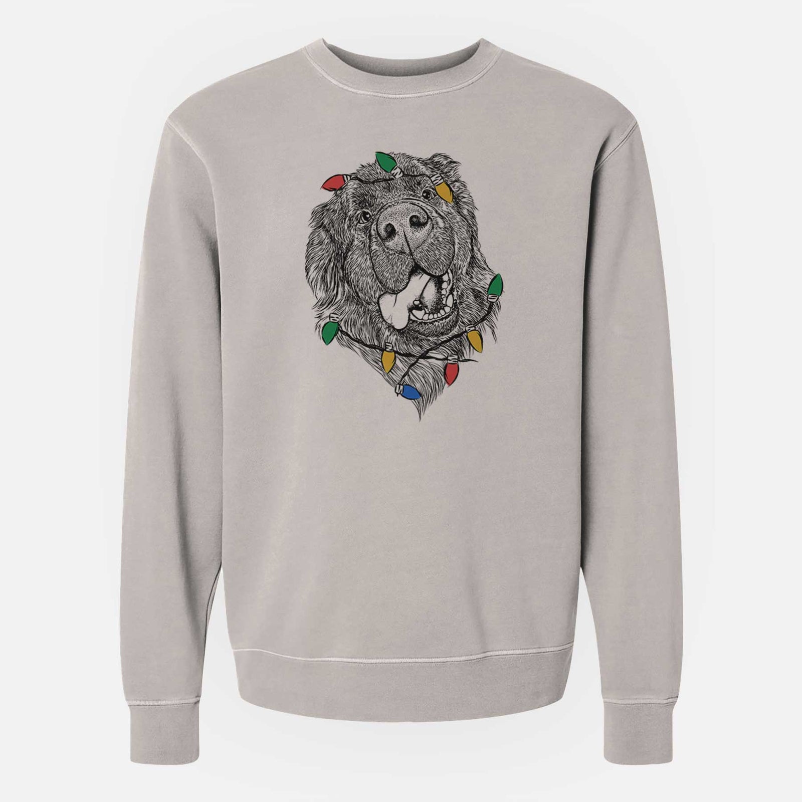 Hand-drawn sketch of Tuna the Newfoundland wrapped in Christmas lights on a Cement Unisex pigment dyed crew sweatshirt