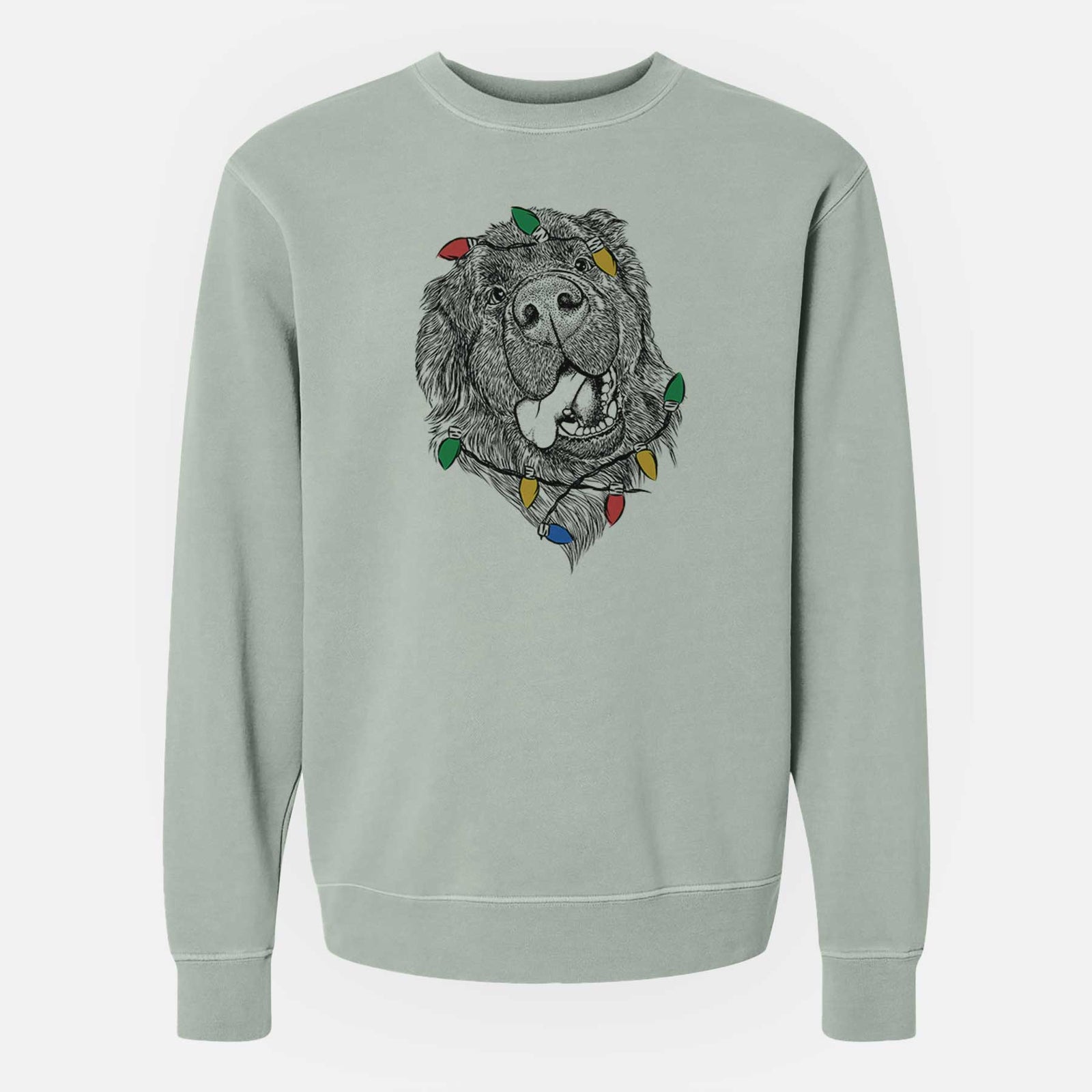 Hand-drawn sketch of Tuna the Newfoundland wrapped in Christmas lights on a Sage Unisex pigment dyed crew sweatshirt