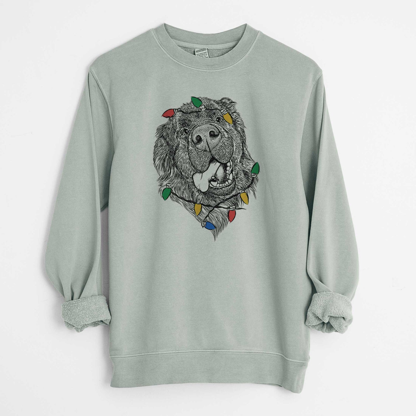 Hand-drawn sketch of Tuna the Newfoundland wrapped in Christmas lights on a Sage Unisex pigment dyed crew sweatshirt