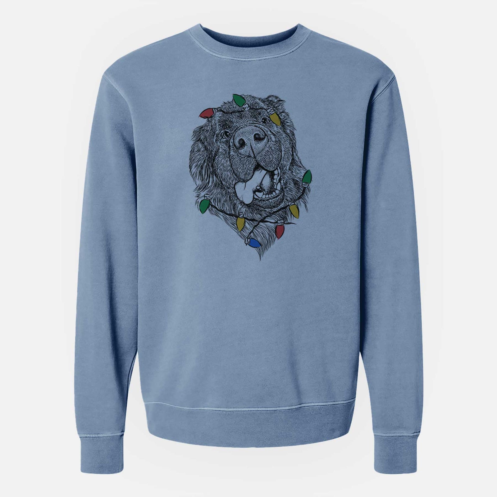 Hand-drawn sketch of Tuna the Newfoundland wrapped in Christmas lights on a Slate Blue Unisex pigment dyed crew sweatshirt
