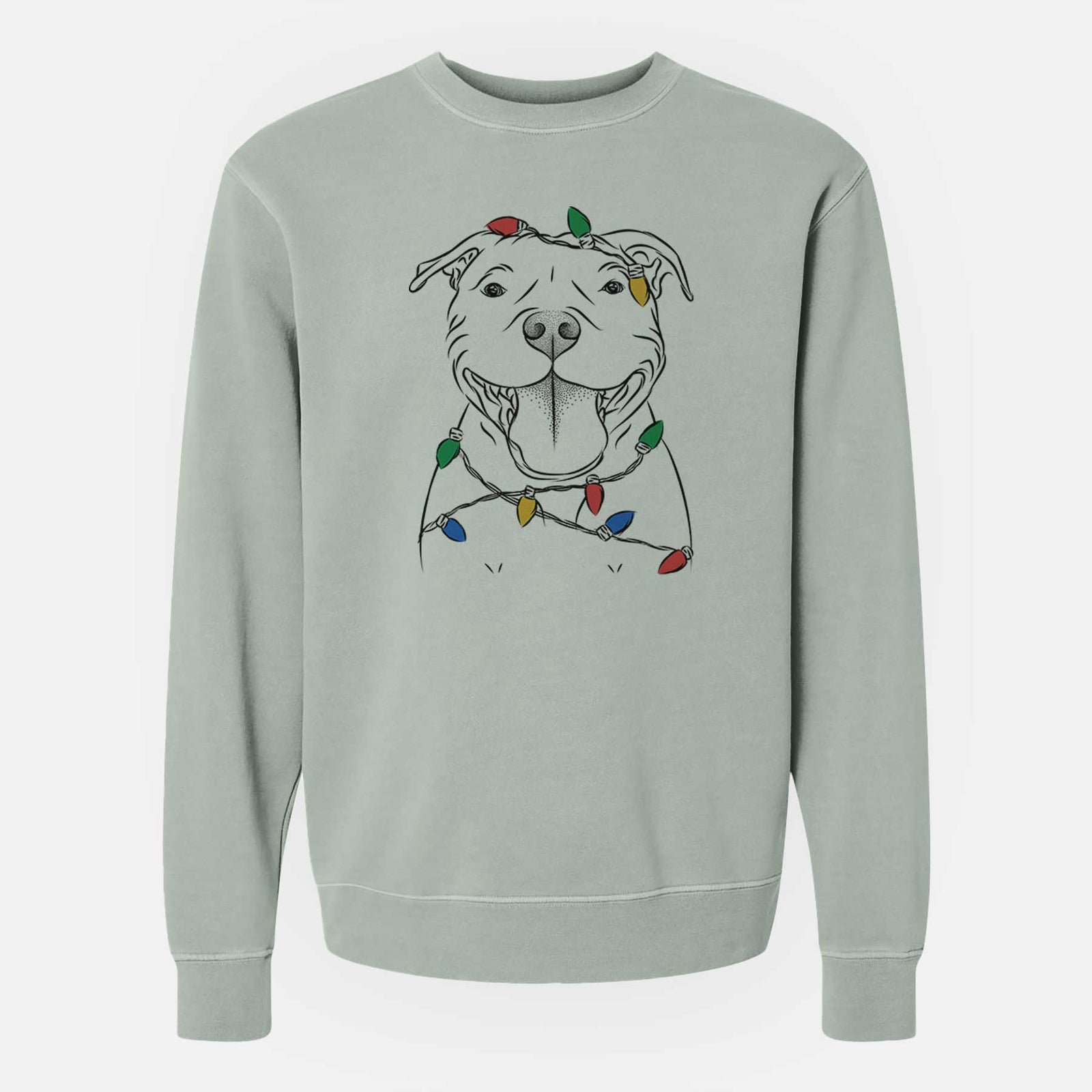 Hand-drawn sketch of Wafer the Staffordshire Bull Terrier wrapped in Christmas lights on a Sage Unisex pigment dyed crew sweatshirt
