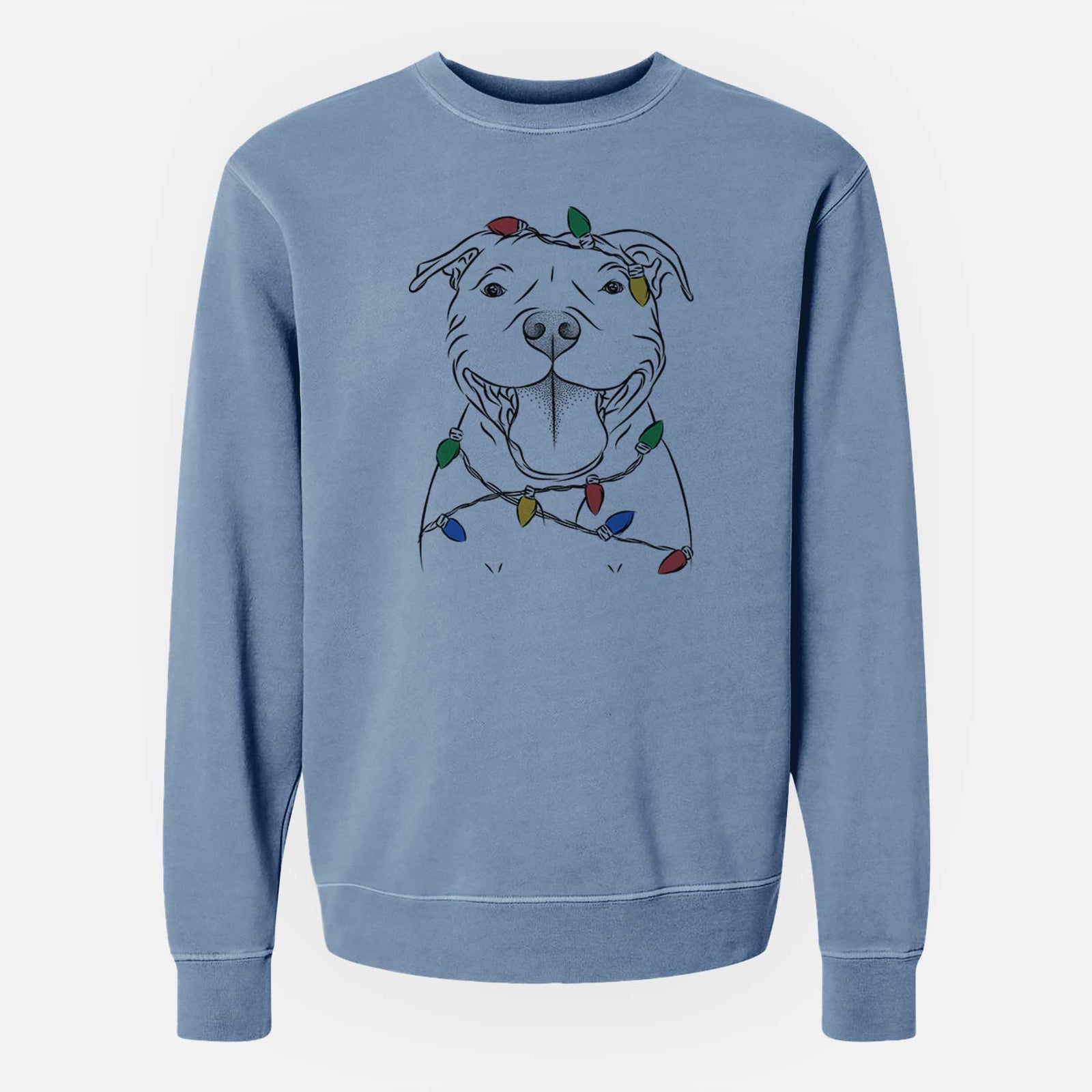 Hand-drawn sketch of Wafer the Staffordshire Bull Terrier wrapped in Christmas lights on a Slate Blue Unisex pigment dyed crew sweatshirt