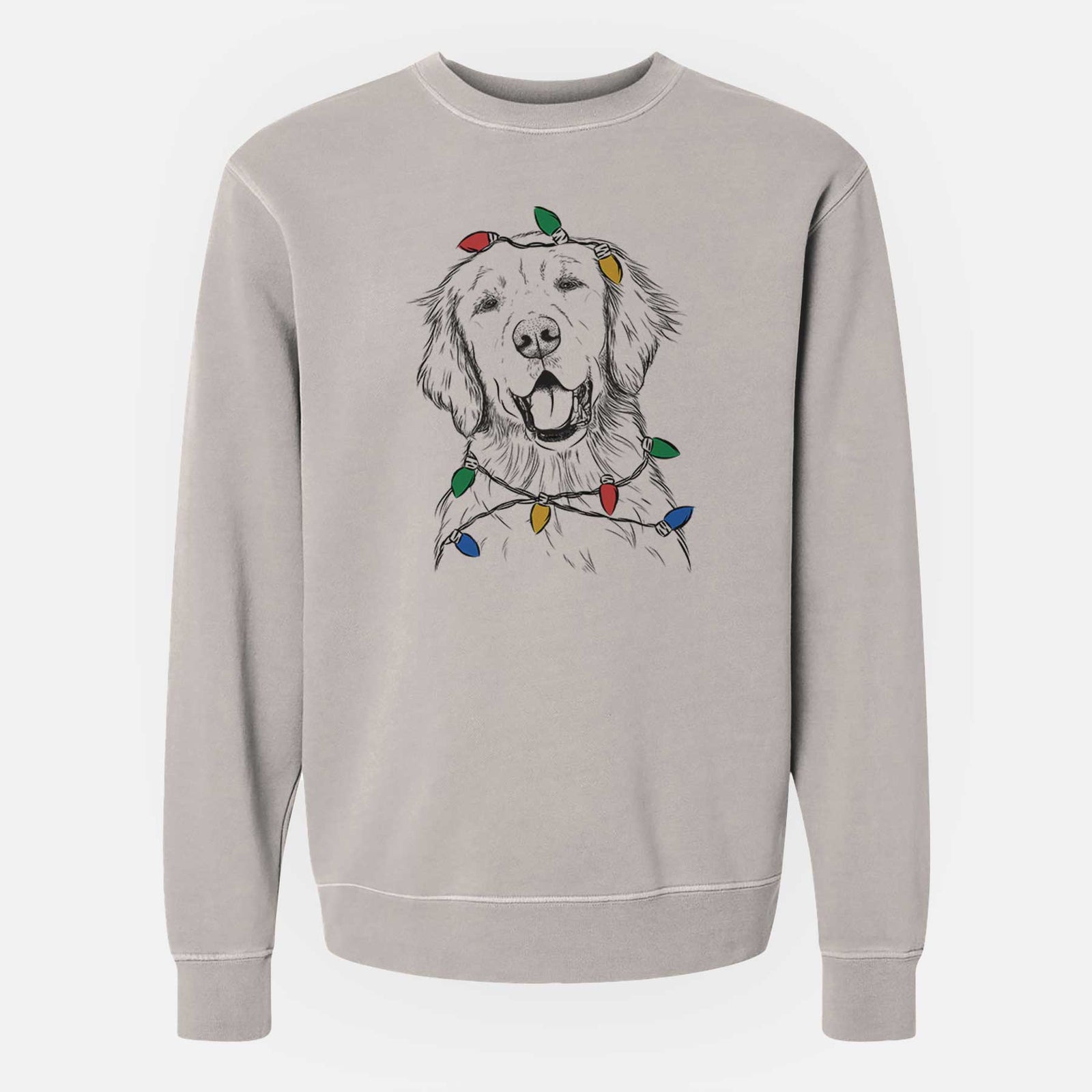 Hand-drawn sketch of Wallace the Golden Retriever wrapped in Christmas lights on a Cement Unisex pigment dyed crew sweatshirt