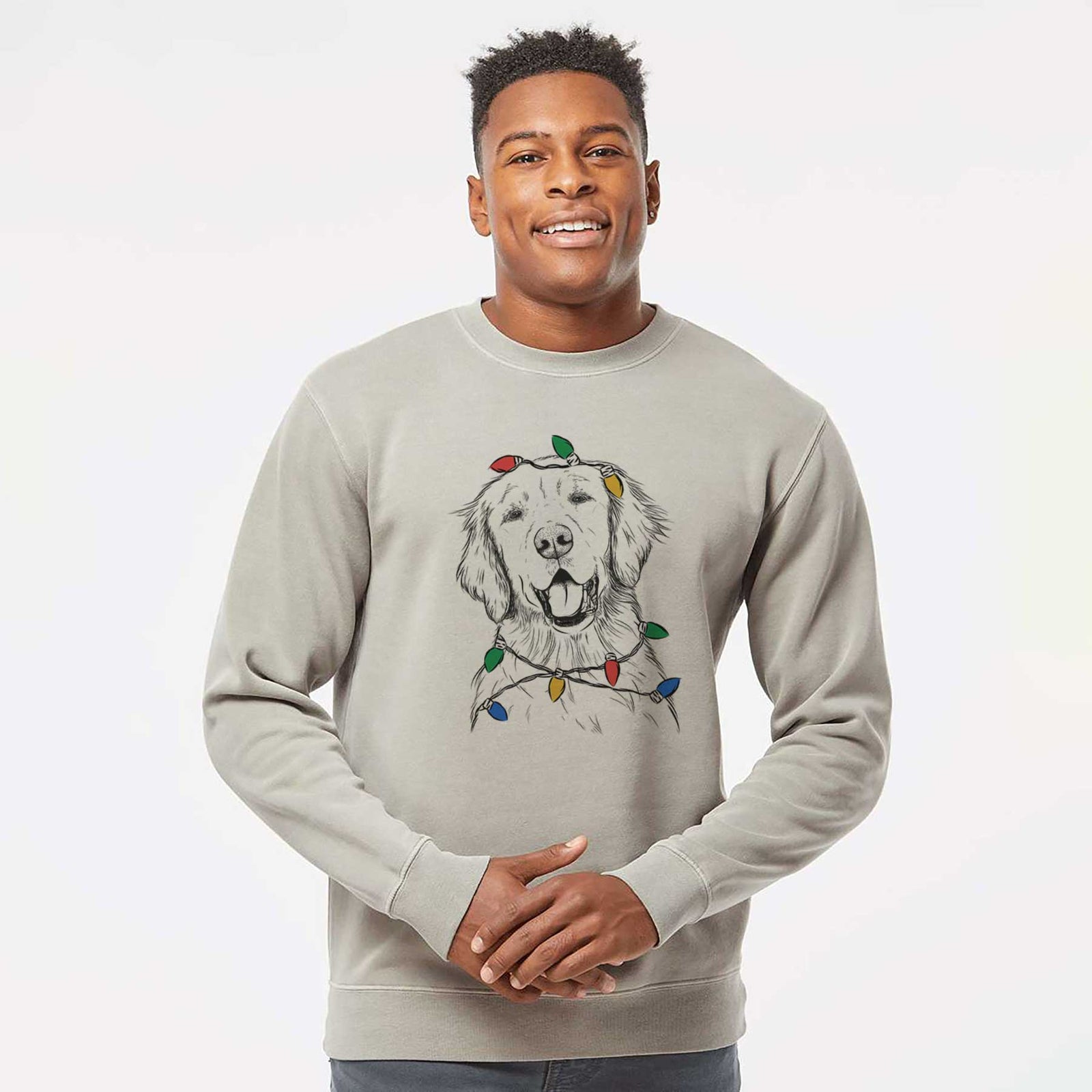 Hand-drawn sketch of Wallace the Golden Retriever wrapped in Christmas lights on a Cement Unisex pigment dyed crew sweatshirt