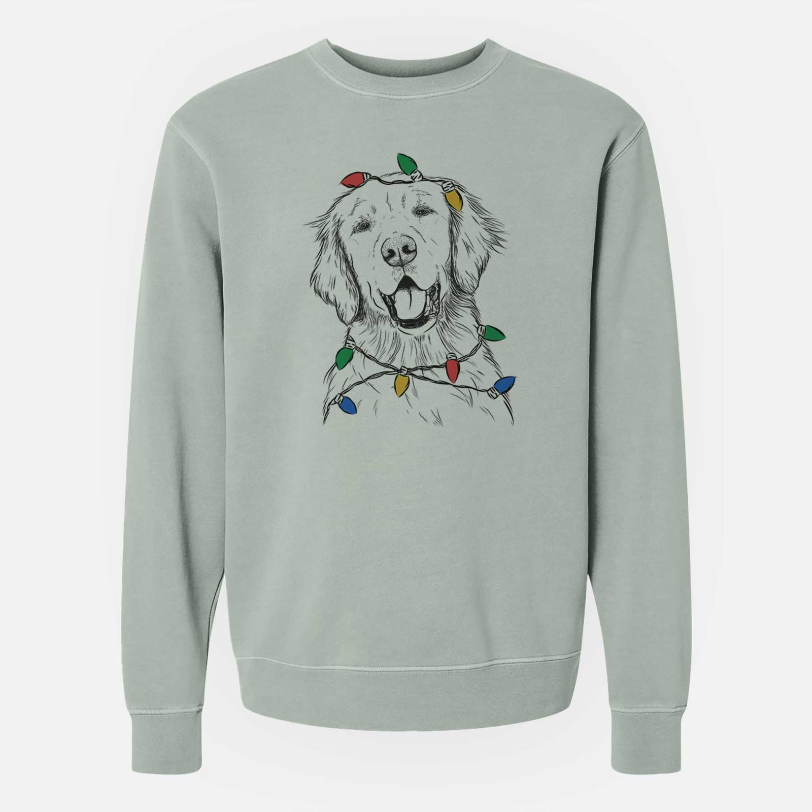 Hand-drawn sketch of Wallace the Golden Retriever wrapped in Christmas lights on a Sage Unisex pigment dyed crew sweatshirt