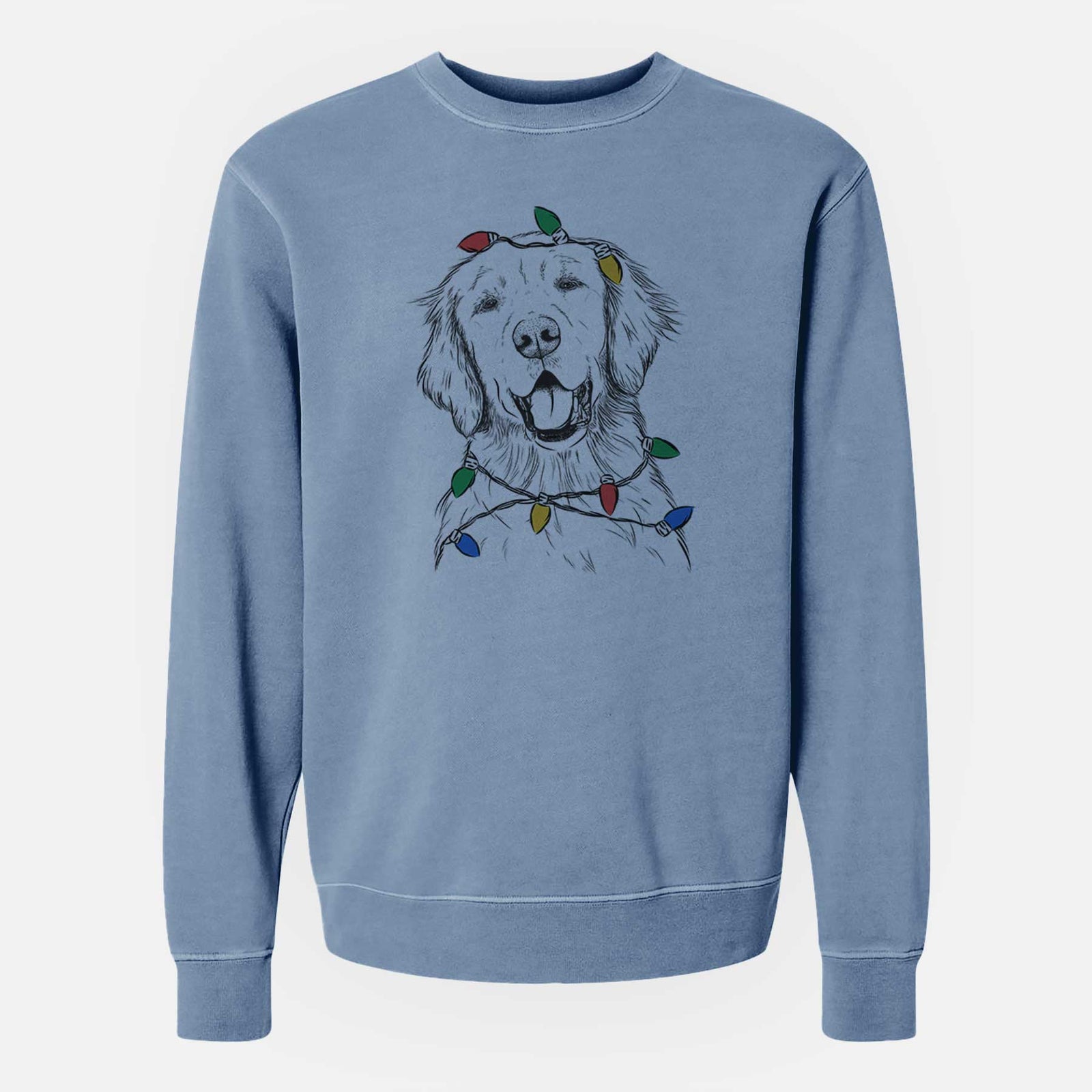 Hand-drawn sketch of Wallace the Golden Retriever wrapped in Christmas lights on a Slate Blue Unisex pigment dyed crew sweatshirt