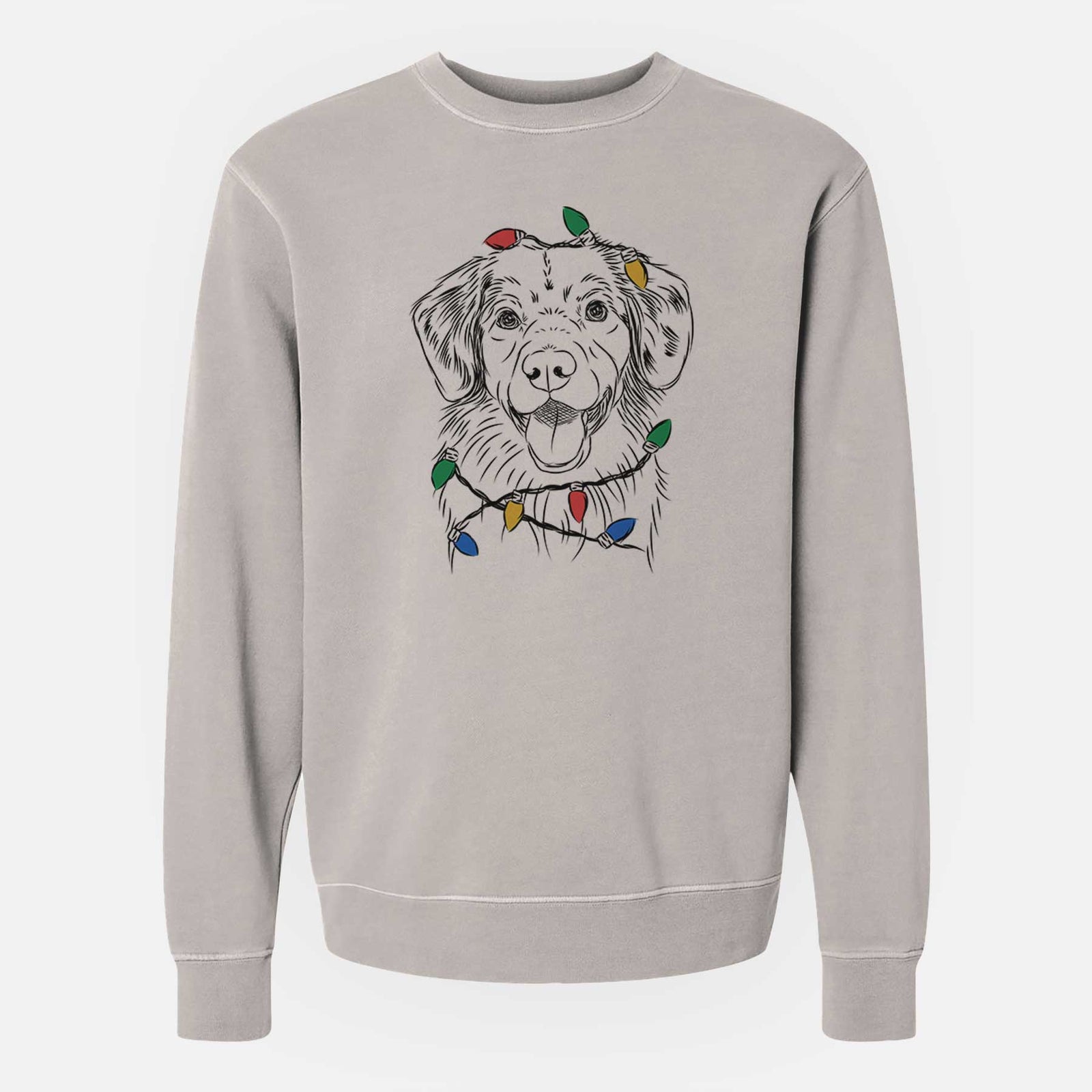 Hand-drawn sketch of Weston the Nova Scotia Duck Tolling Retriever wrapped in Christmas lights on a Cement Unisex pigment dyed crew sweatshirt