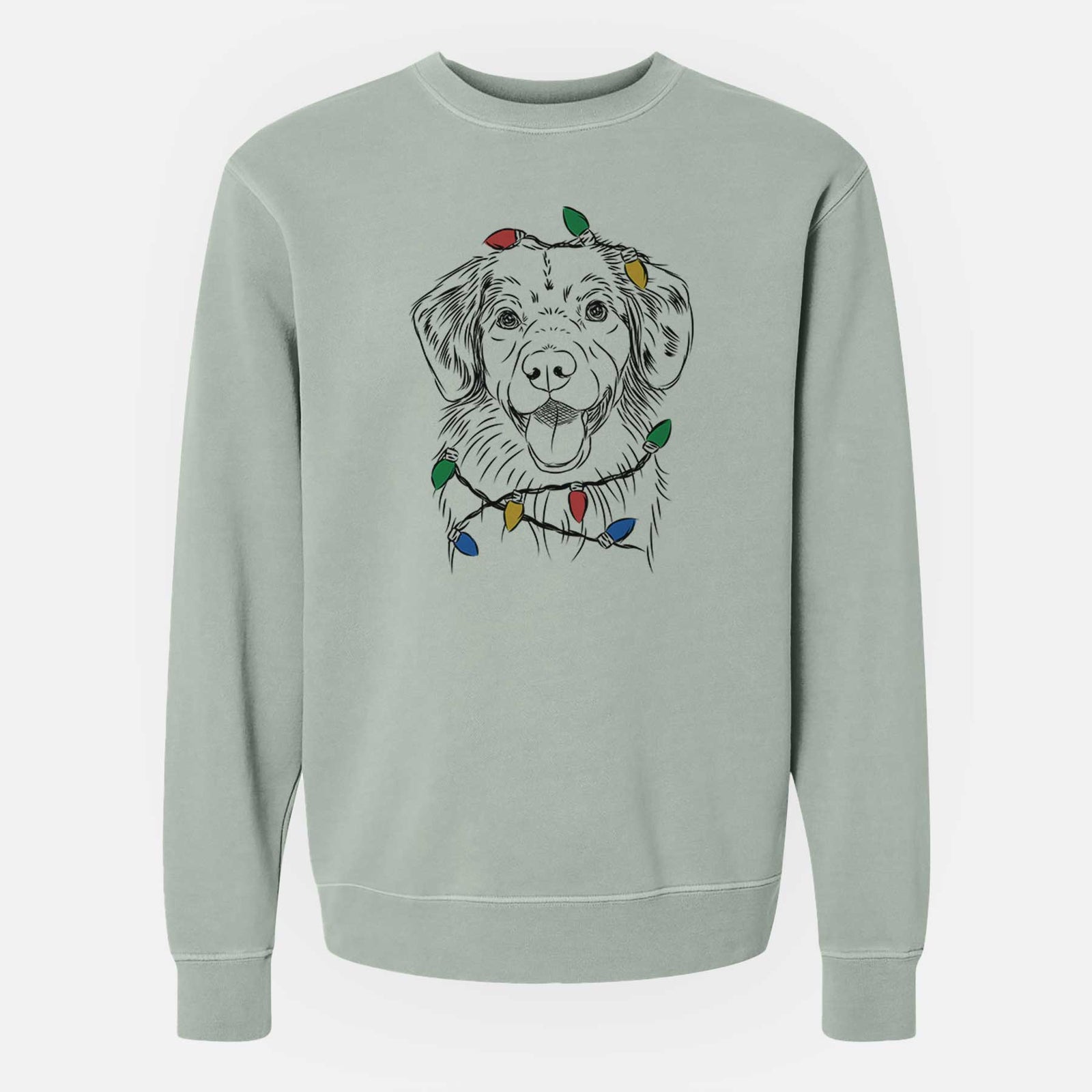 Hand-drawn sketch of Weston the Nova Scotia Duck Tolling Retriever wrapped in Christmas lights on a Sage Unisex pigment dyed crew sweatshirt