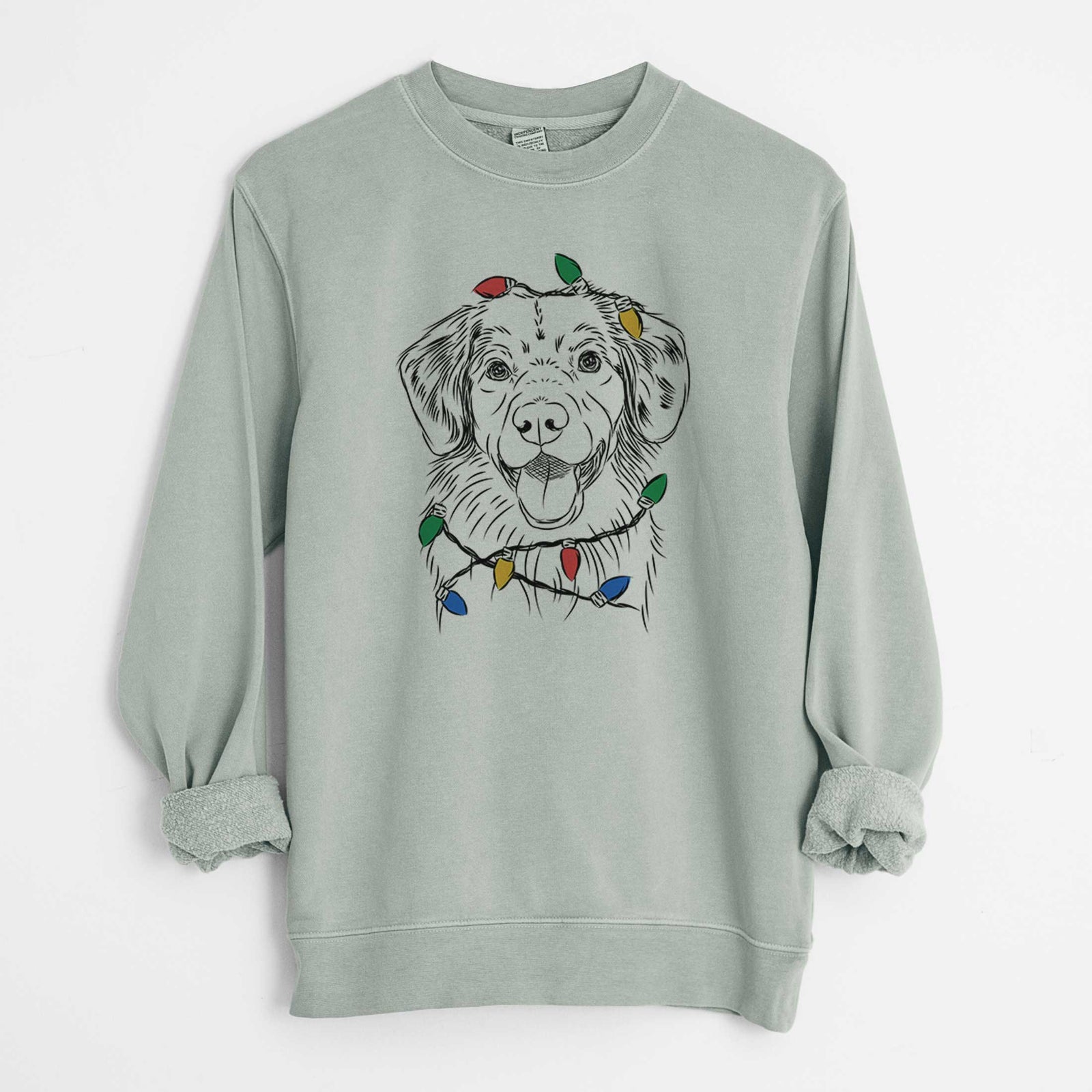 Hand-drawn sketch of Weston the Nova Scotia Duck Tolling Retriever wrapped in Christmas lights on a Sage Unisex pigment dyed crew sweatshirt