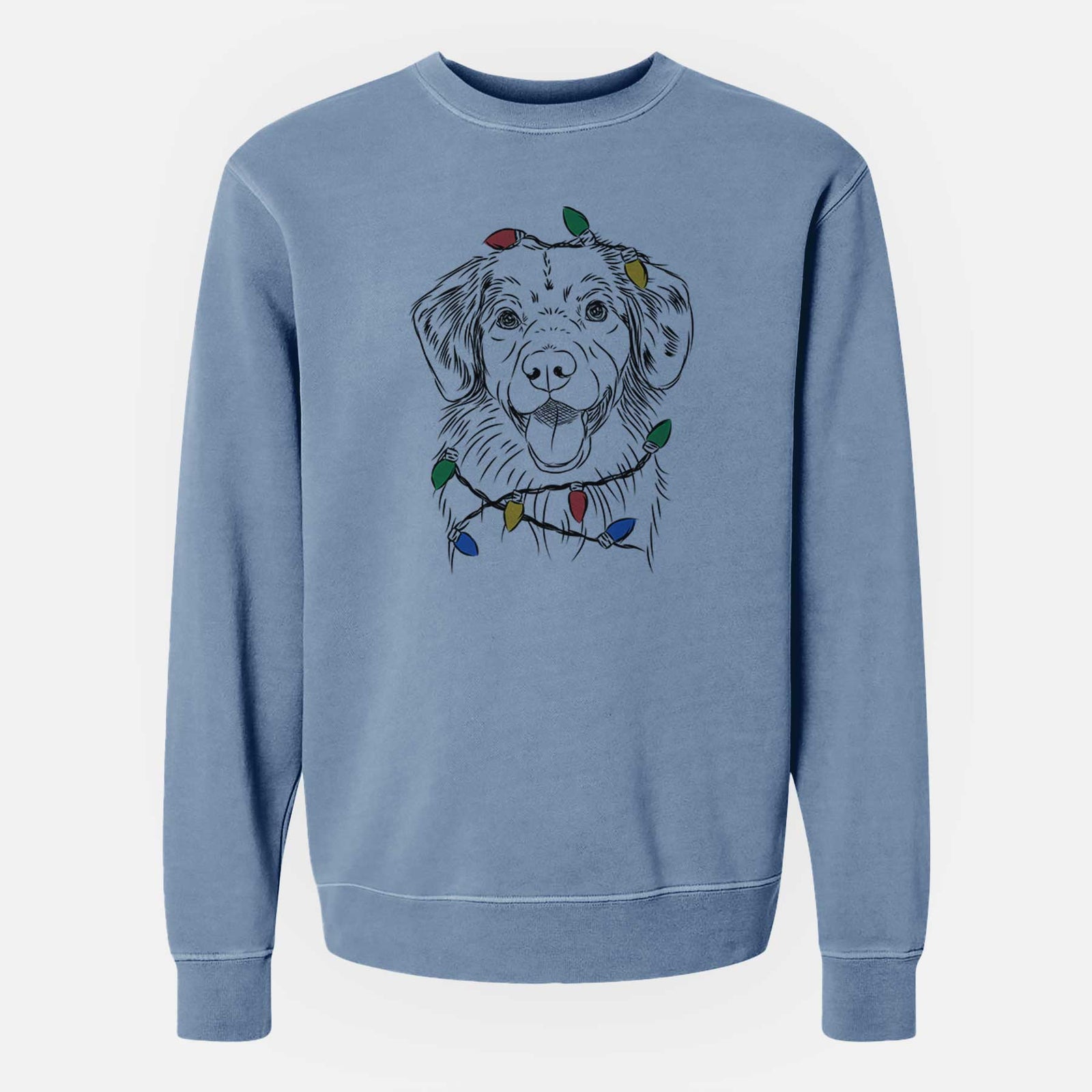 Hand-drawn sketch of Weston the Nova Scotia Duck Tolling Retriever wrapped in Christmas lights on a Slate Blue Unisex pigment dyed crew sweatshirt