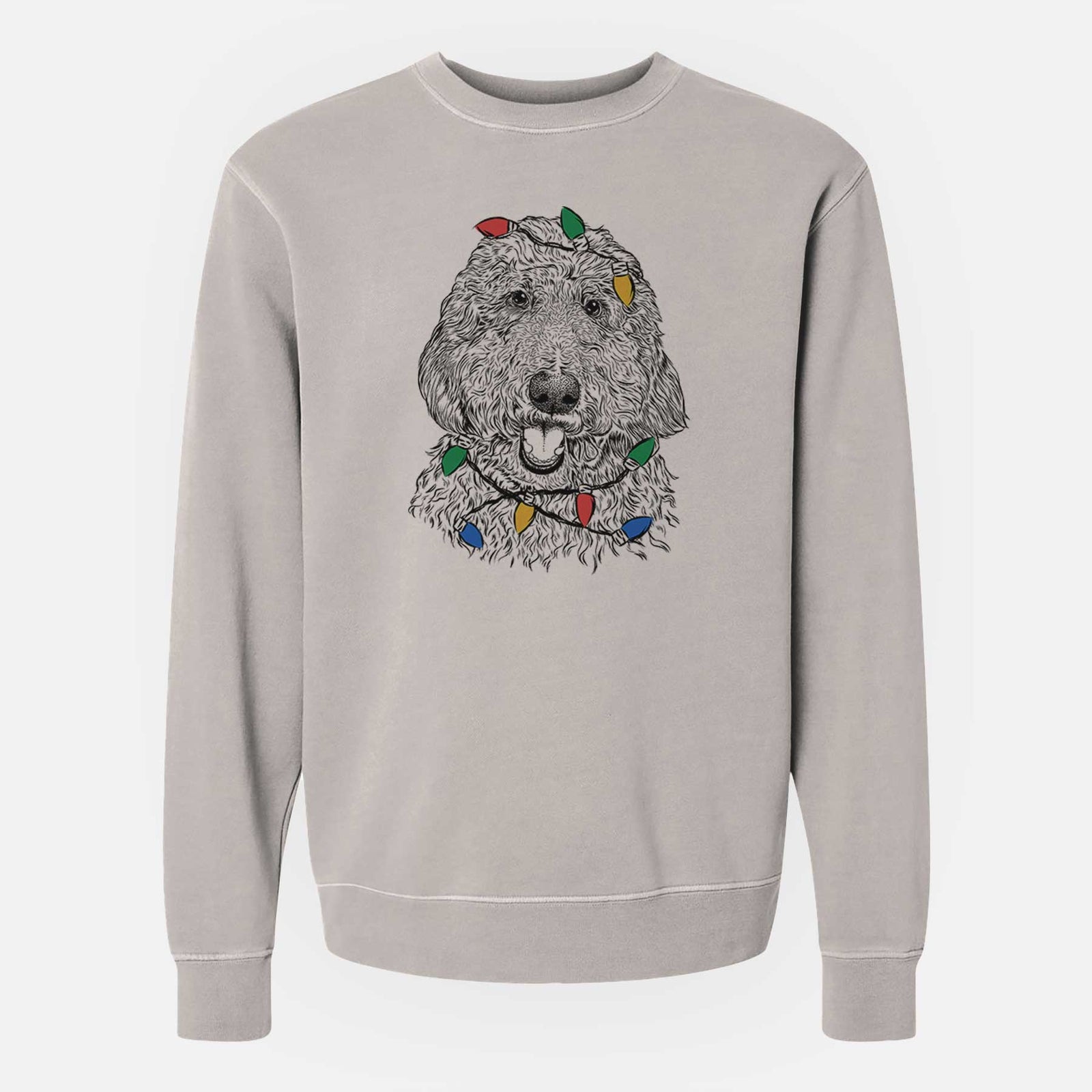 Hand-drawn sketch of Whisper the Goldendoodle wrapped in Christmas lights on a Cement Unisex pigment dyed crew sweatshirt