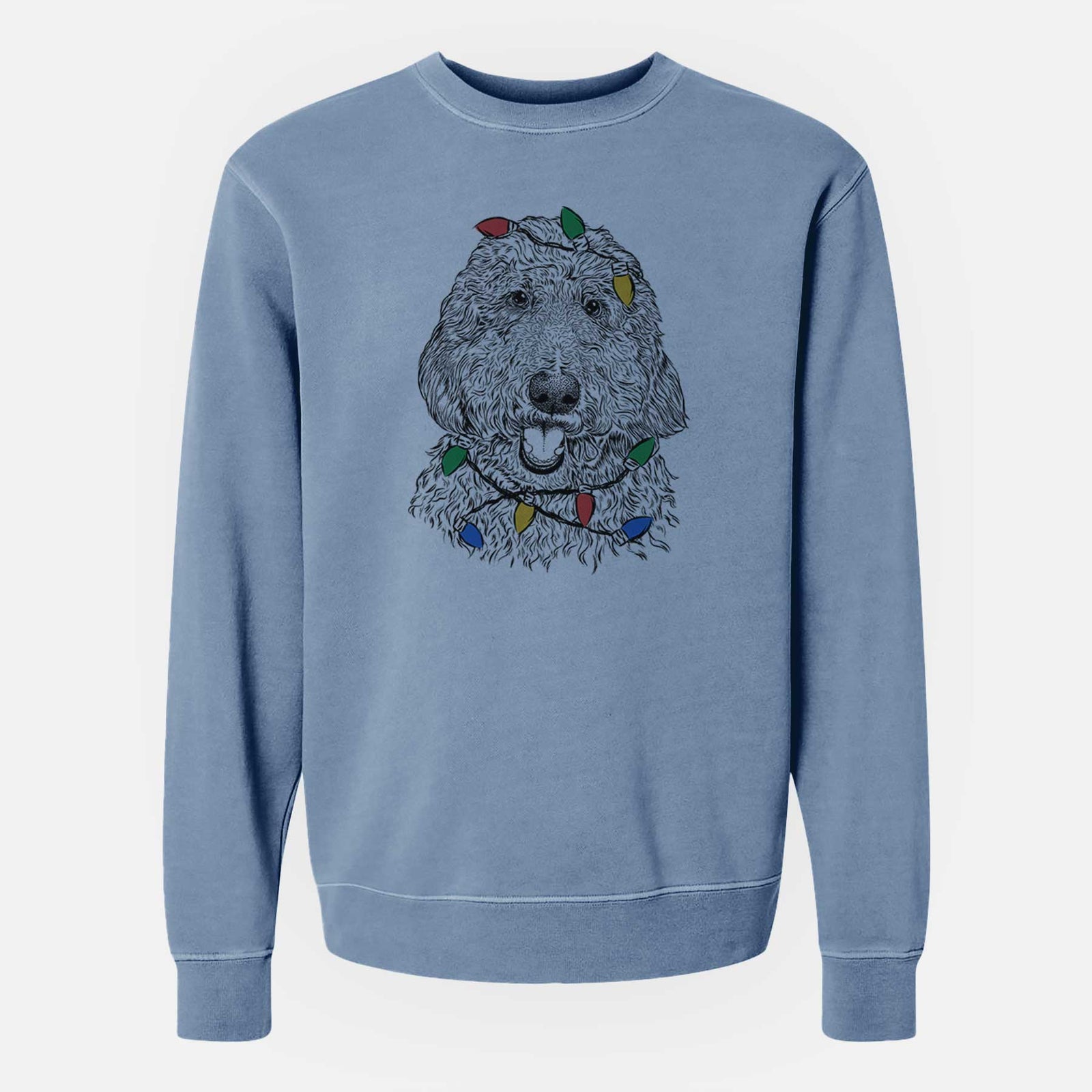 Hand-drawn sketch of Whisper the Goldendoodle wrapped in Christmas lights on a Slate Blue Unisex pigment dyed crew sweatshirt