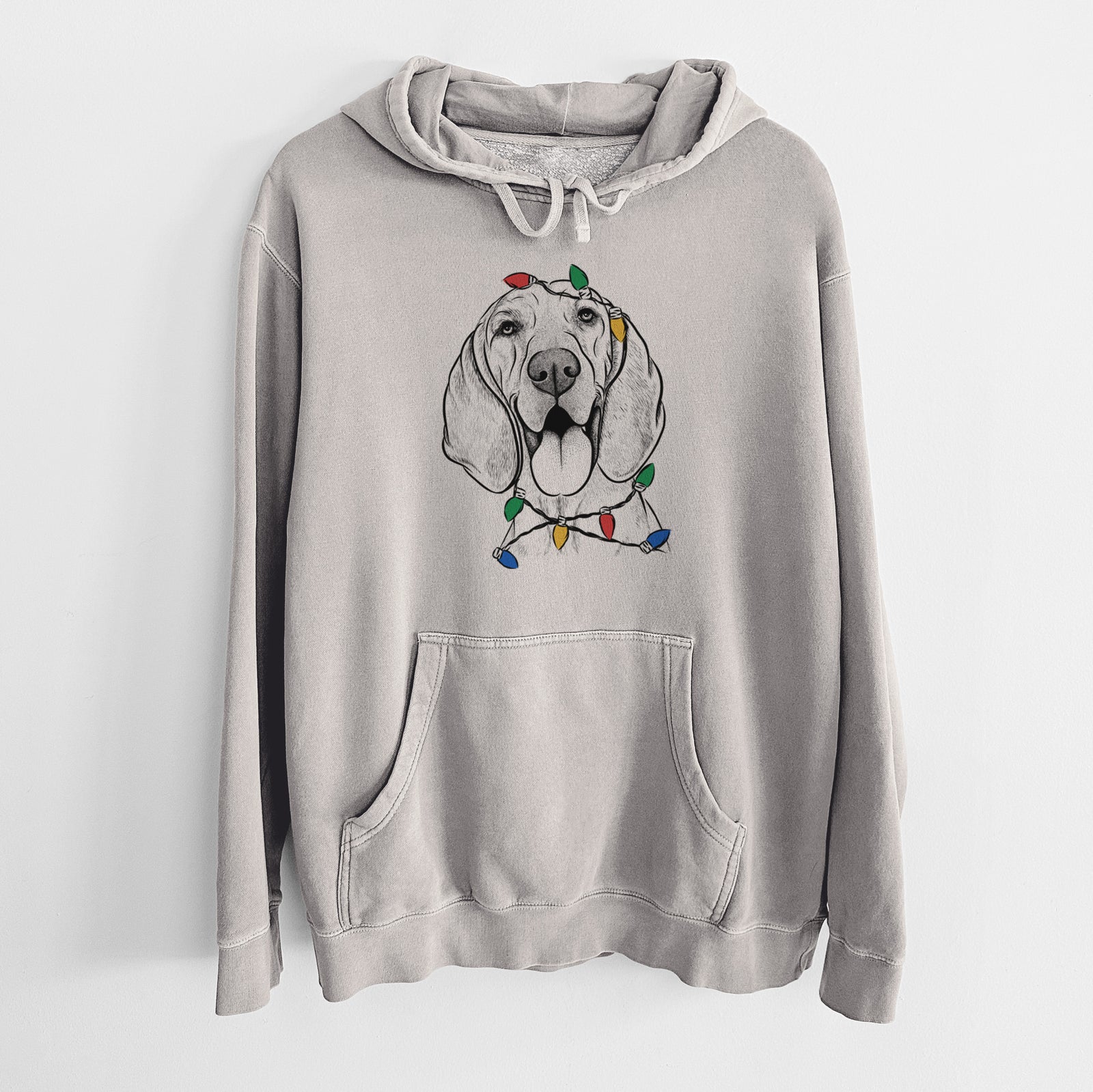Hand-drawn sketch of Winston the Redbone Coonhound wrapped in Christmas lights on a Cement Unisex pigment dyed hoodie