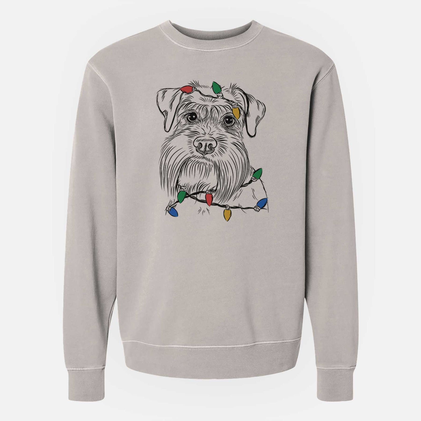 Hand-drawn sketch of Wrigley the Schnauzer wrapped in Christmas lights on a Cement Unisex pigment dyed crew sweatshirt